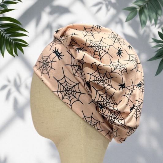 Spider Web Headband Style Bouffant Scrub Cap | Peach Halloween Scrub Hat | Soft Stretchy Surgical Cap | Spider Web Print