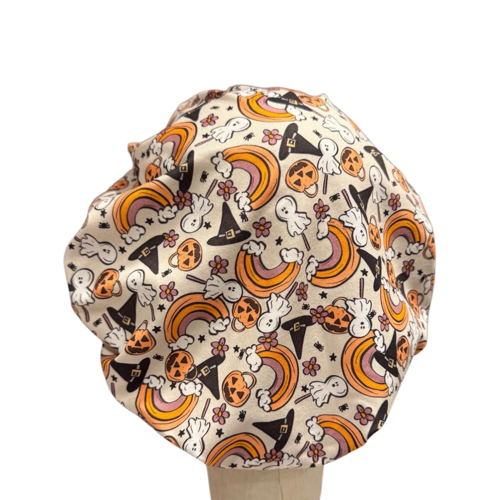 Halloween Ghost Pumpkin Headband Bouffant Scrub Cap | Stretchy Soft Surgical Hat | Witch Hat Rainbow Print | Nurse Doctor Medical Cap