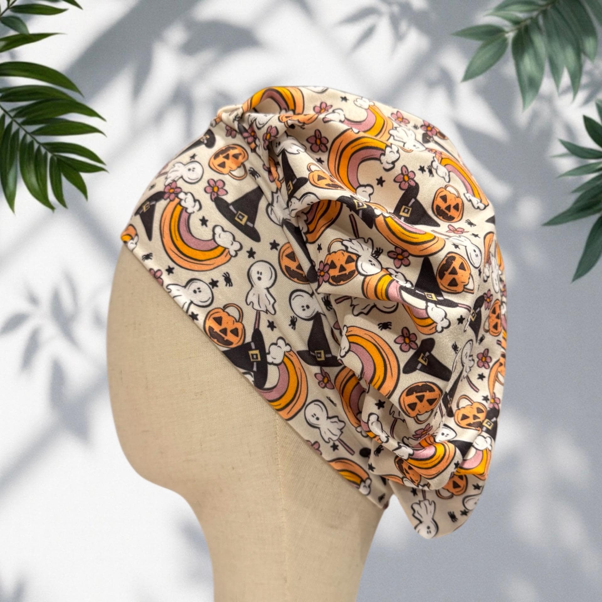 Halloween Ghost Pumpkin Headband Bouffant Scrub Cap | Stretchy Soft Surgical Hat | Witch Hat Rainbow Print | Nurse Doctor Medical Cap