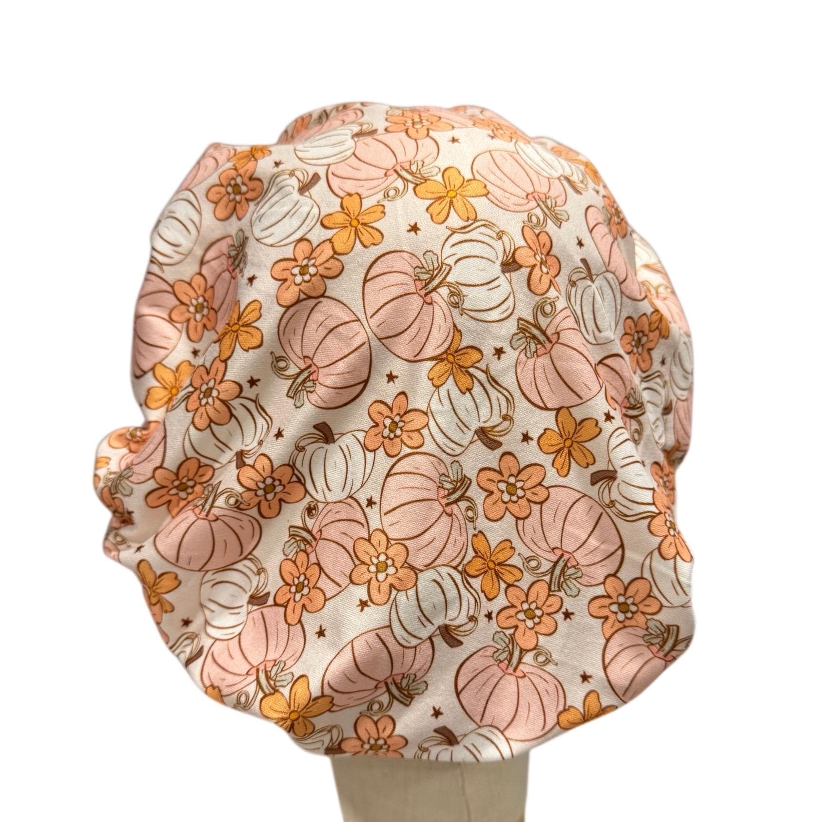 Fall Pumpkin Floral Headband Bouffant Scrub Cap | Soft Stretchy Autumn Scrub Hat | Peach Pumpkin Medical Cap | Nurse Doctor Surgical Cap