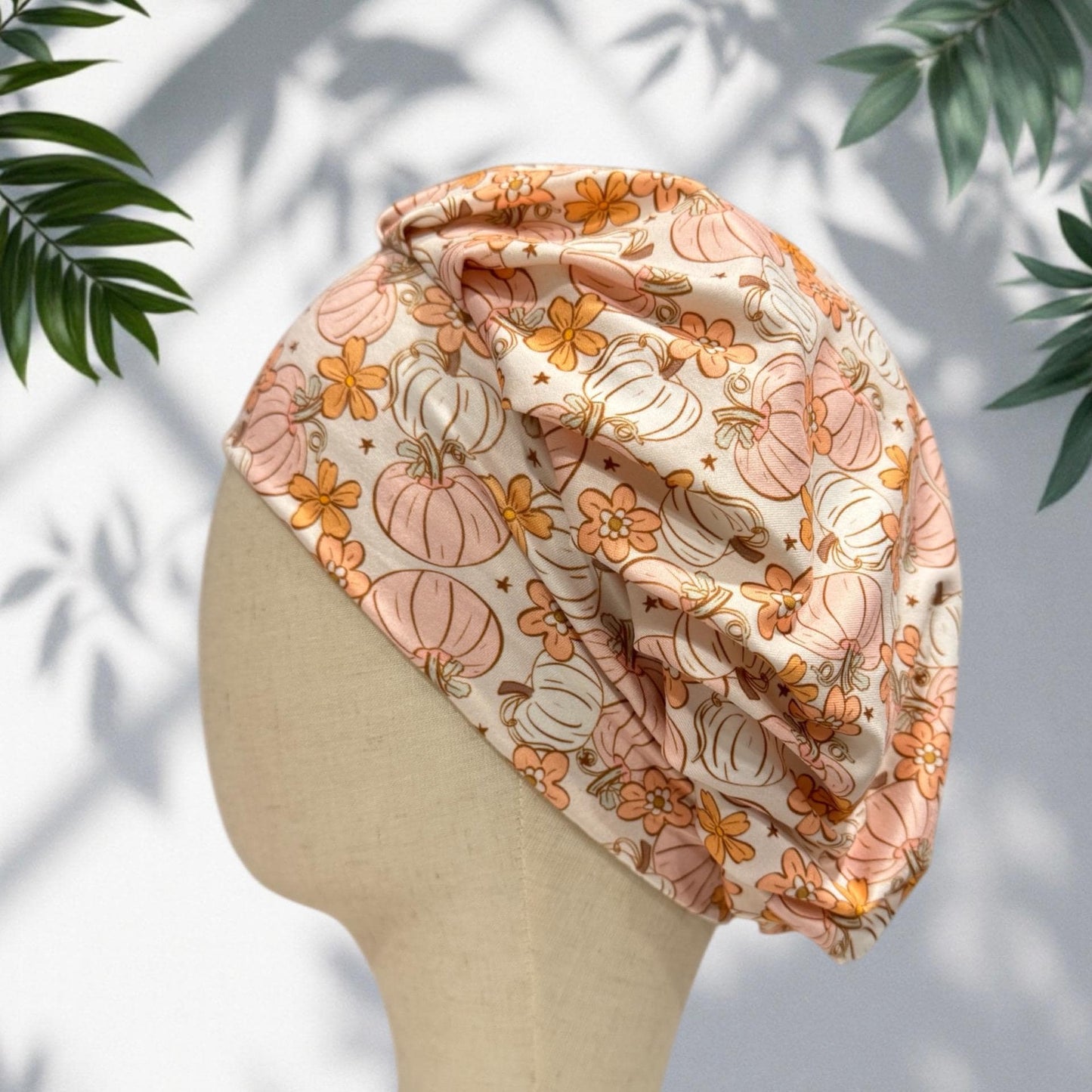 Fall Pumpkin Floral Headband Bouffant Scrub Cap | Soft Stretchy Autumn Scrub Hat | Peach Pumpkin Medical Cap | Nurse Doctor Surgical Cap