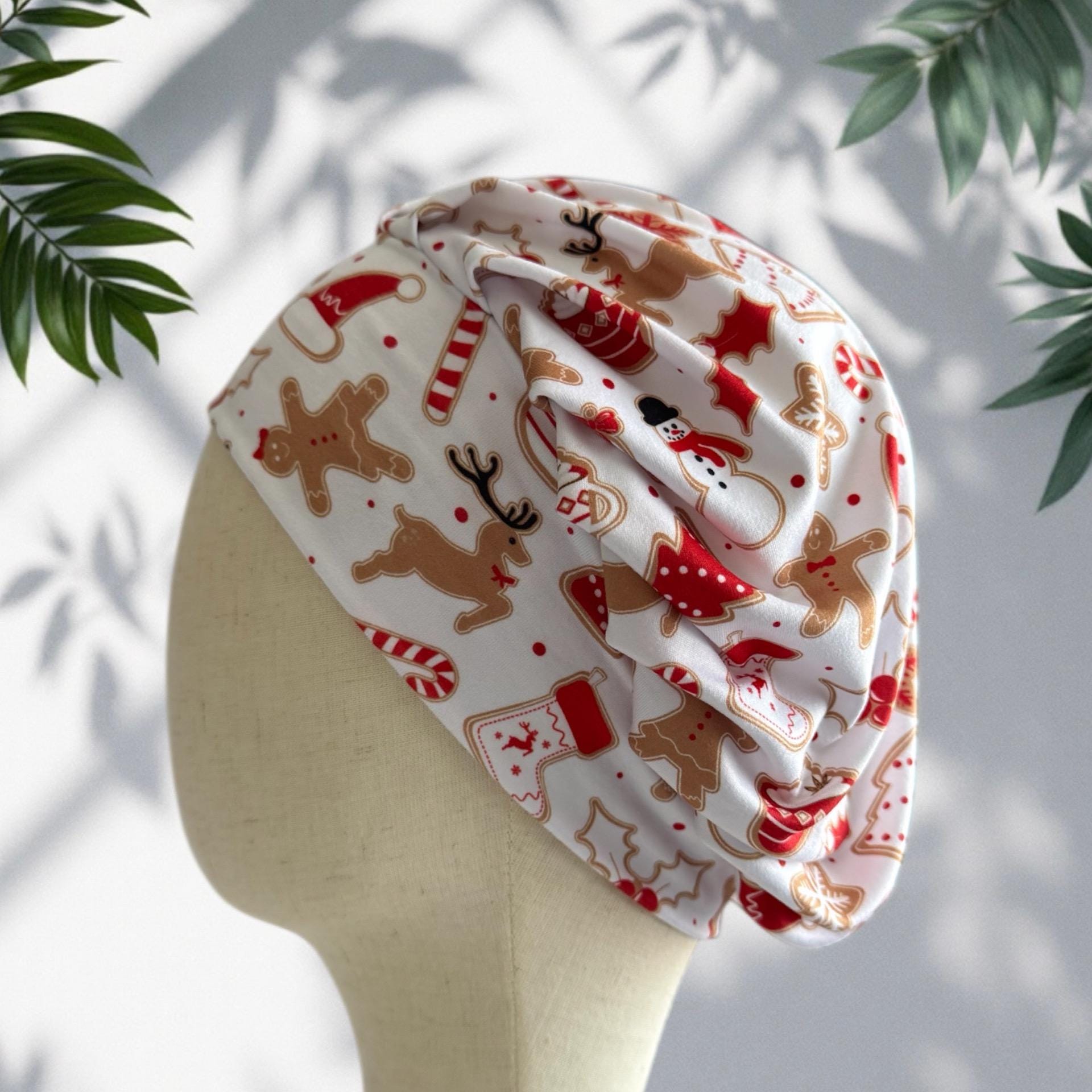 Christmas Bouffant Scrub Cap | Holiday Scrub Hat with Gingerbread, Reindeer & Candy Canes | Festive Medical Cap | Nurse Gift|createdbymishka