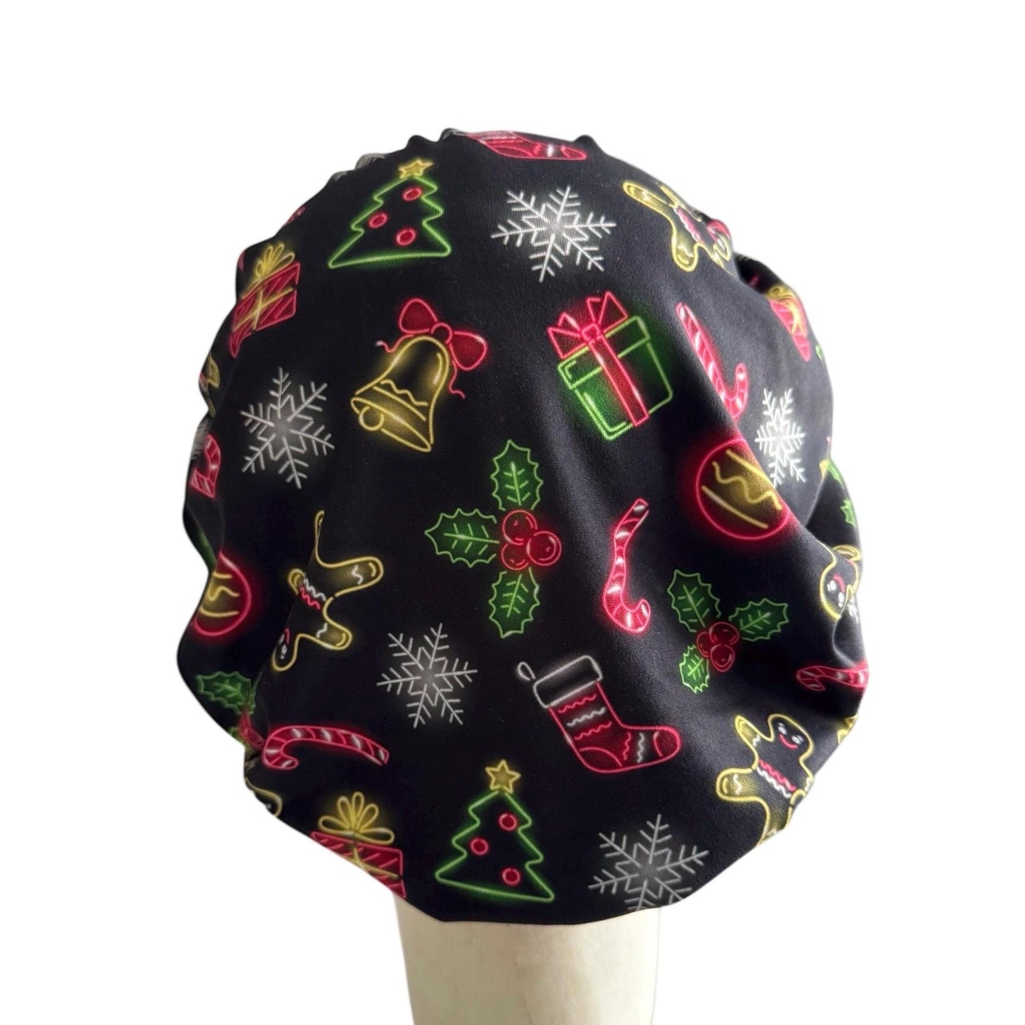 Christmas Bouffant Scrub Cap – Holiday Lights Print with Gingerbread, Candy Canes & Gifts | Festive Surgical Hat | CreatedByMishka