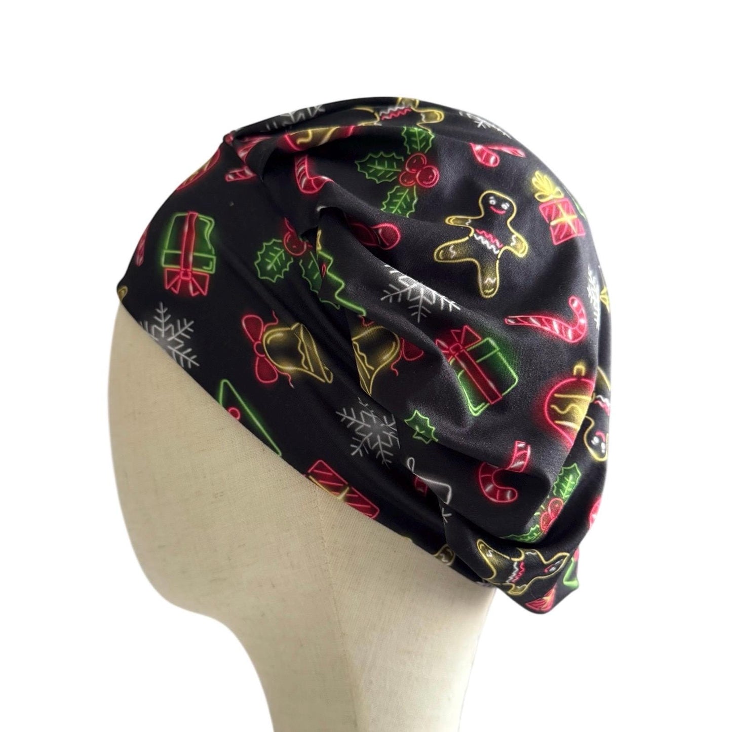 Christmas Bouffant Scrub Cap – Holiday Lights Print with Gingerbread, Candy Canes & Gifts | Festive Surgical Hat | CreatedByMishka
