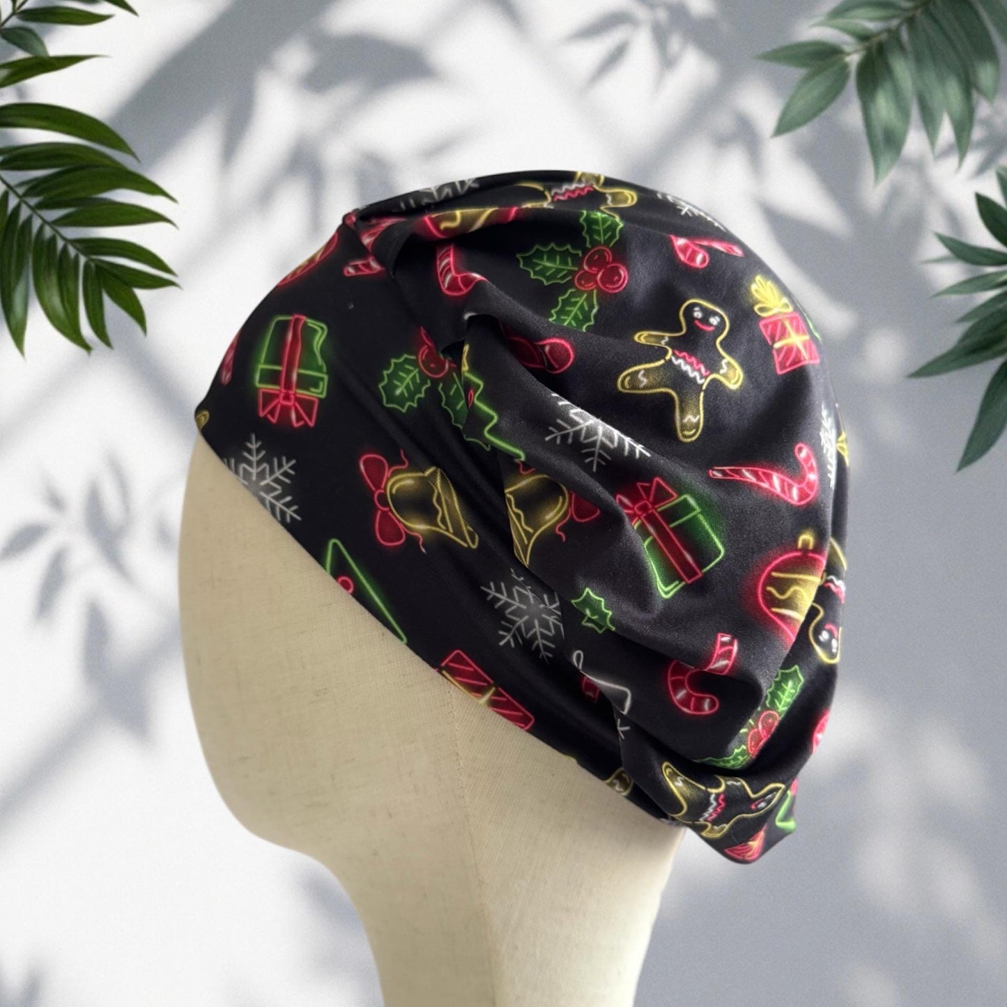 Christmas Bouffant Scrub Cap – Holiday Lights Print with Gingerbread, Candy Canes & Gifts | Festive Surgical Hat | CreatedByMishka