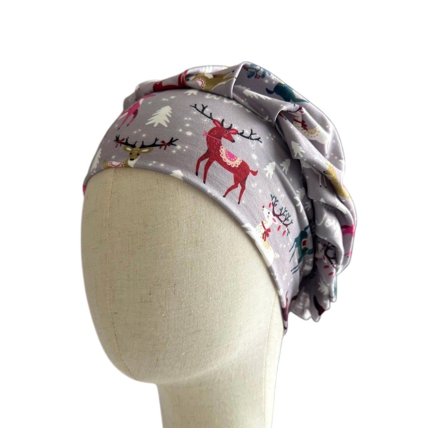 Reindeer Bouffant Scrub Cap – Christmas Deer Print on Gray | Holiday Surgical Hat | Cute Nurse Gift | Handmade by CreatedByMishka