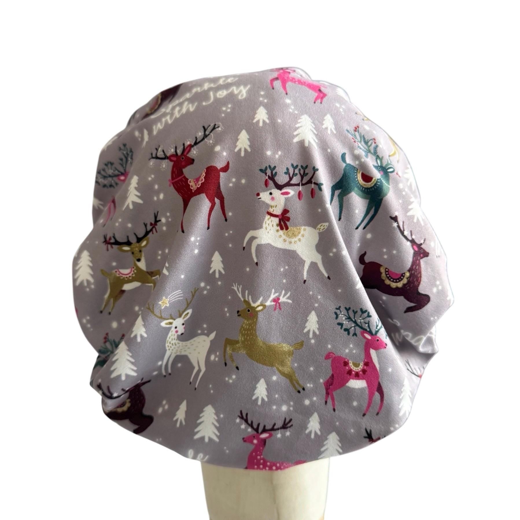 Reindeer Bouffant Scrub Cap – Christmas Deer Print on Gray | Holiday Surgical Hat | Cute Nurse Gift | Handmade by CreatedByMishka