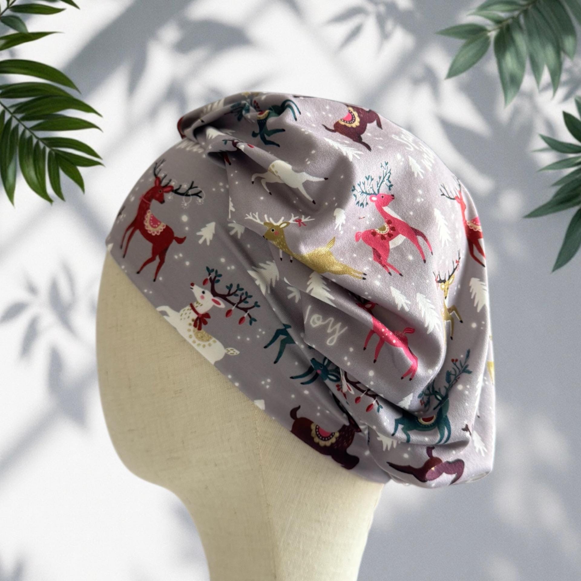 Reindeer Bouffant Scrub Cap – Christmas Deer Print on Gray | Holiday Surgical Hat | Cute Nurse Gift | Handmade by CreatedByMishka