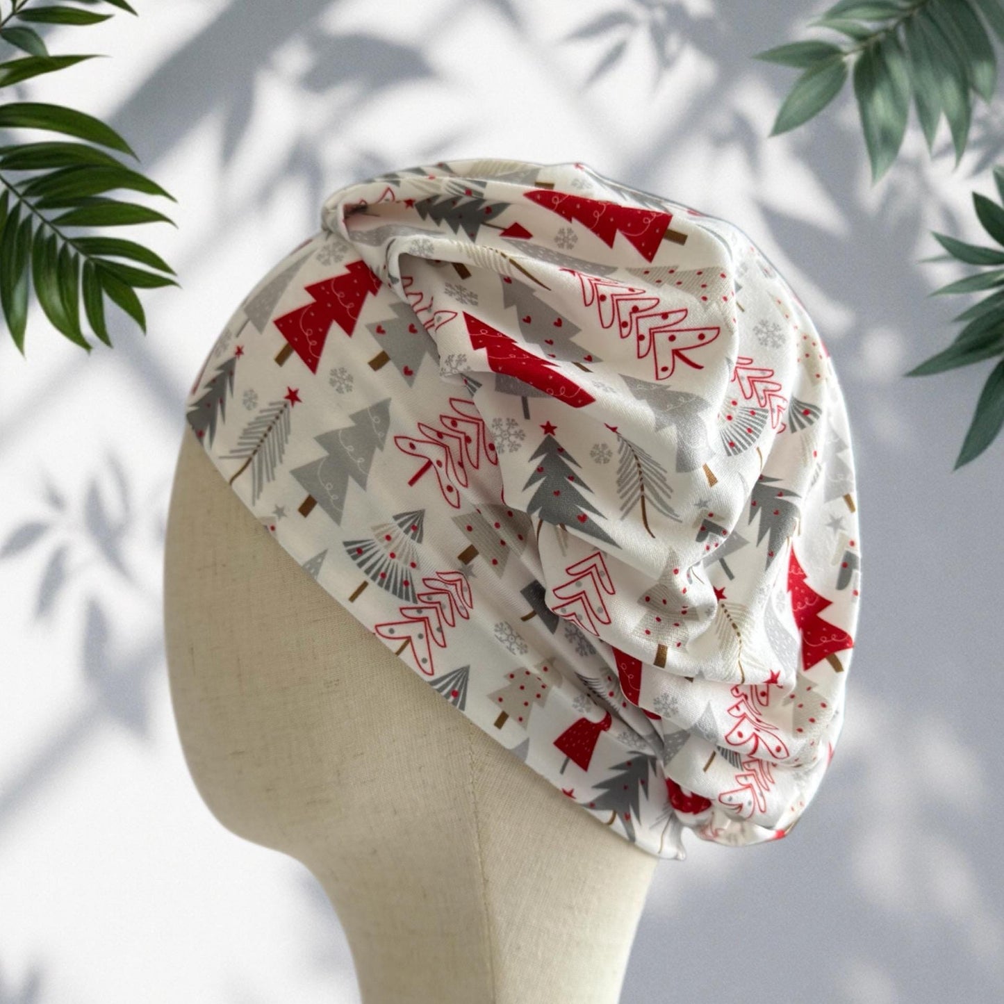 Christmas Tree Bouffant Scrub Cap – Red and Gray Holiday Print | Winter Surgical Hat | Nurse Gift | Handmade by CreatedByMishka