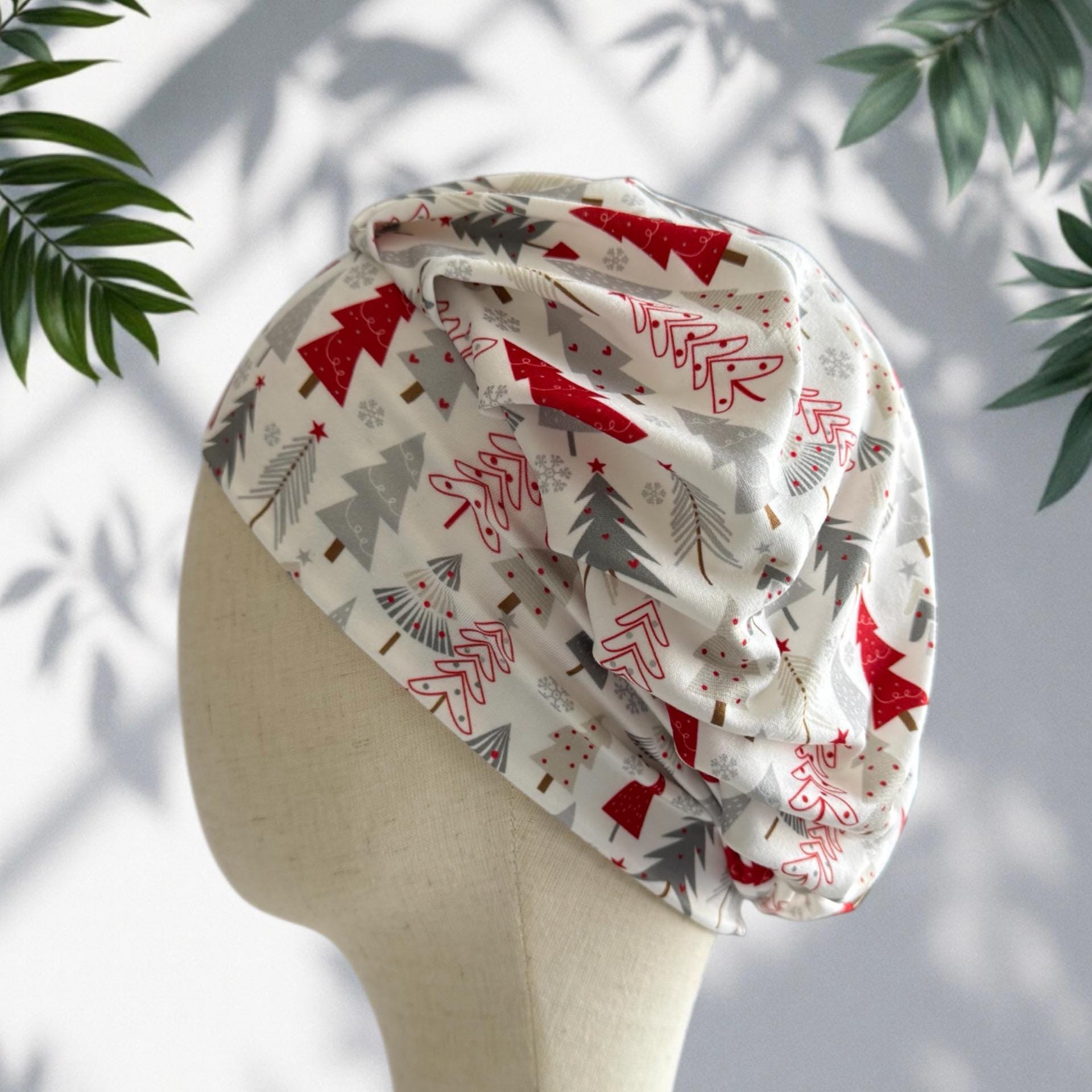 Christmas Tree Bouffant Scrub Cap – Red and Gray Holiday Print | Winter Surgical Hat | Nurse Gift | Handmade by CreatedByMishka