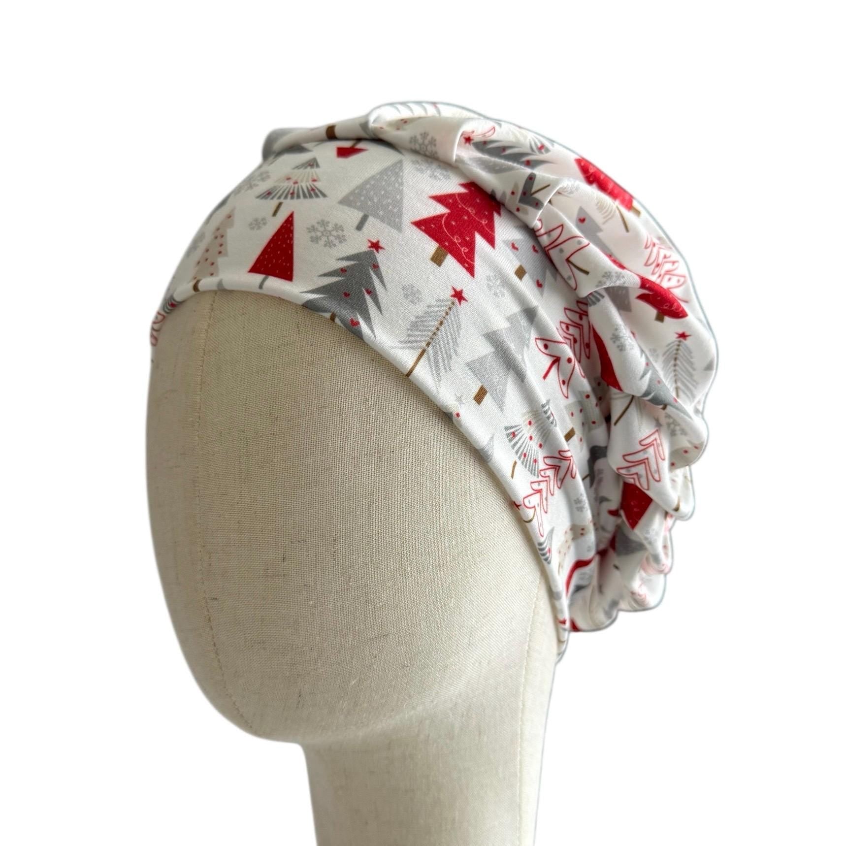 Christmas Tree Bouffant Scrub Cap – Red and Gray Holiday Print | Winter Surgical Hat | Nurse Gift | Handmade by CreatedByMishka
