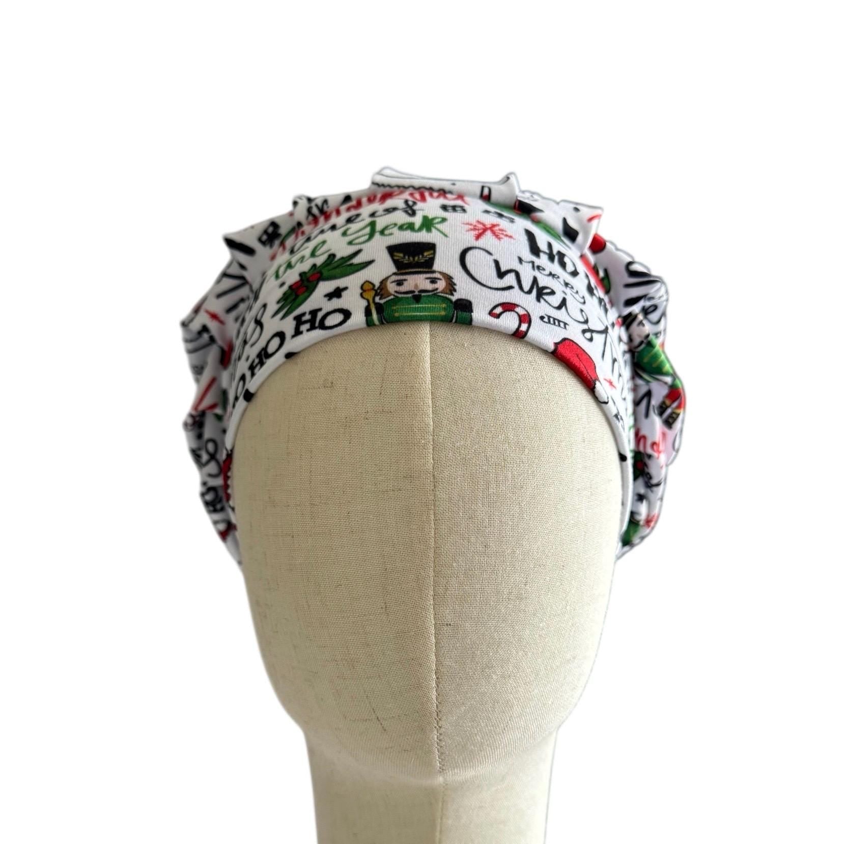 Christmas Word Print Bouffant Scrub Cap, Ho Ho Ho Scrub Cap, Festive Surgical Hat | Nurse Gift | Handmade by CreatedByMishka