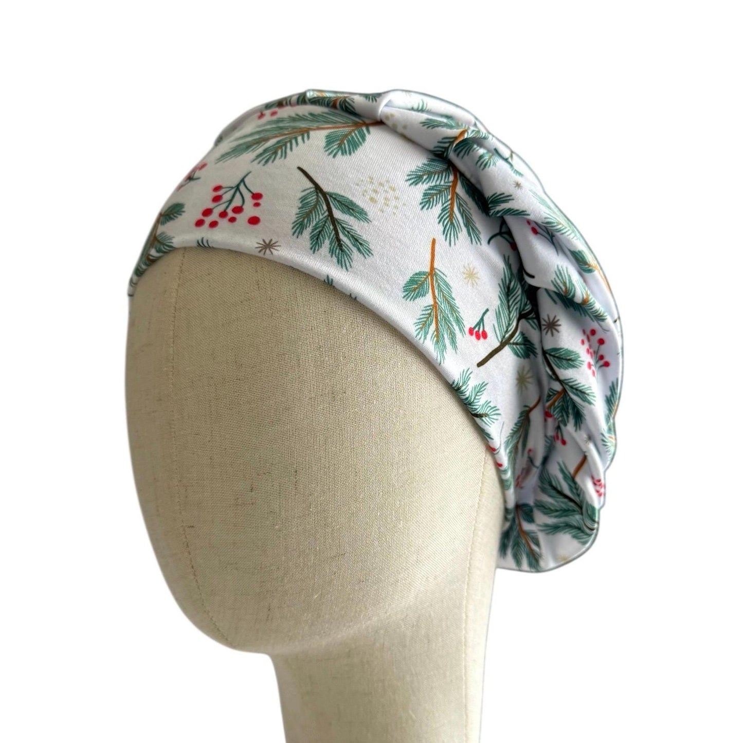 Winter Pine Bouffant Scrub Cap – Christmas Berries and Evergreen Branches | Holiday Surgical Hat | Nurse Gift | Handmade by CreatedByMishka