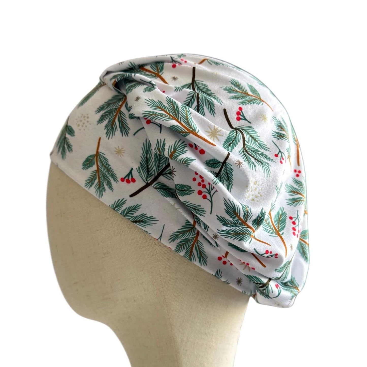 Winter Pine Bouffant Scrub Cap – Christmas Berries and Evergreen Branches | Holiday Surgical Hat | Nurse Gift | Handmade by CreatedByMishka