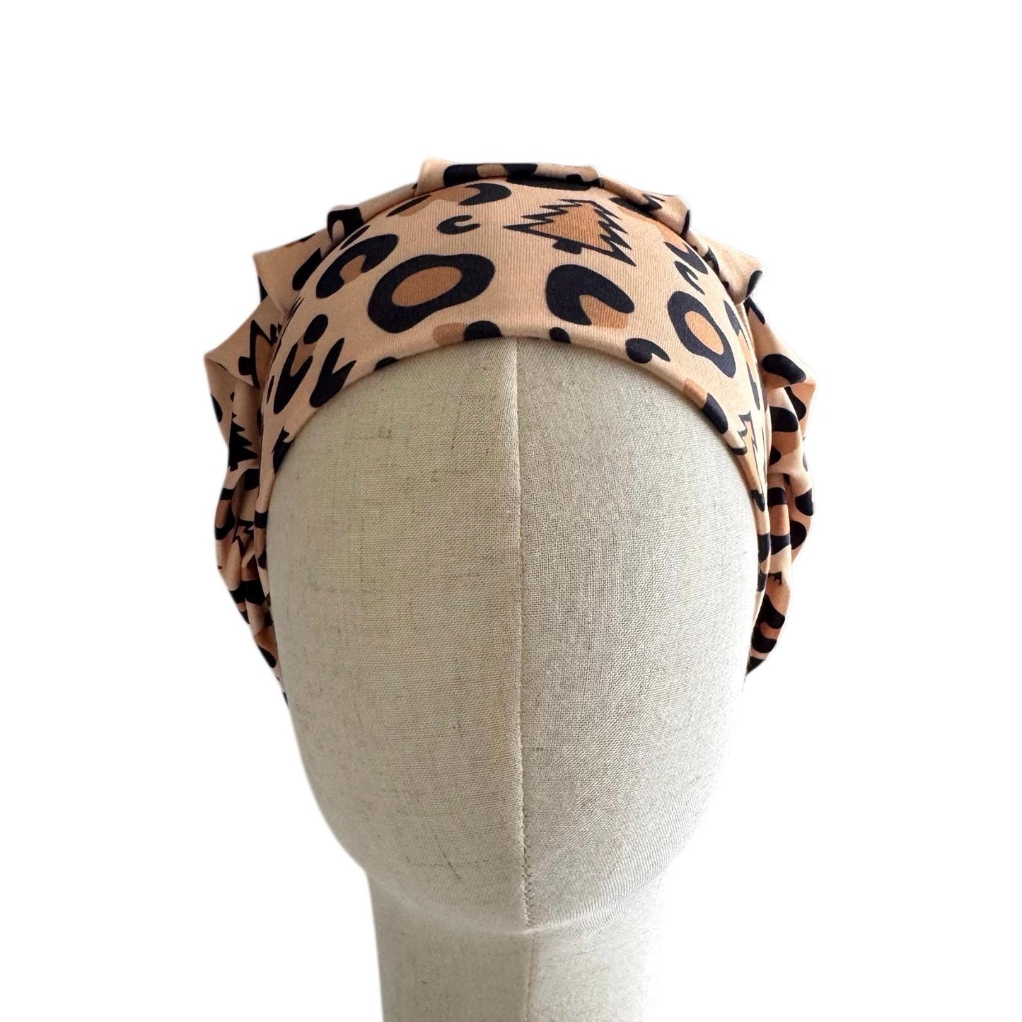 Leopard Christmas Bouffant Scrub Cap – Tan Animal Print with Christmas Trees | Festive Surgical Hat | Handmade by CreatedByMishka