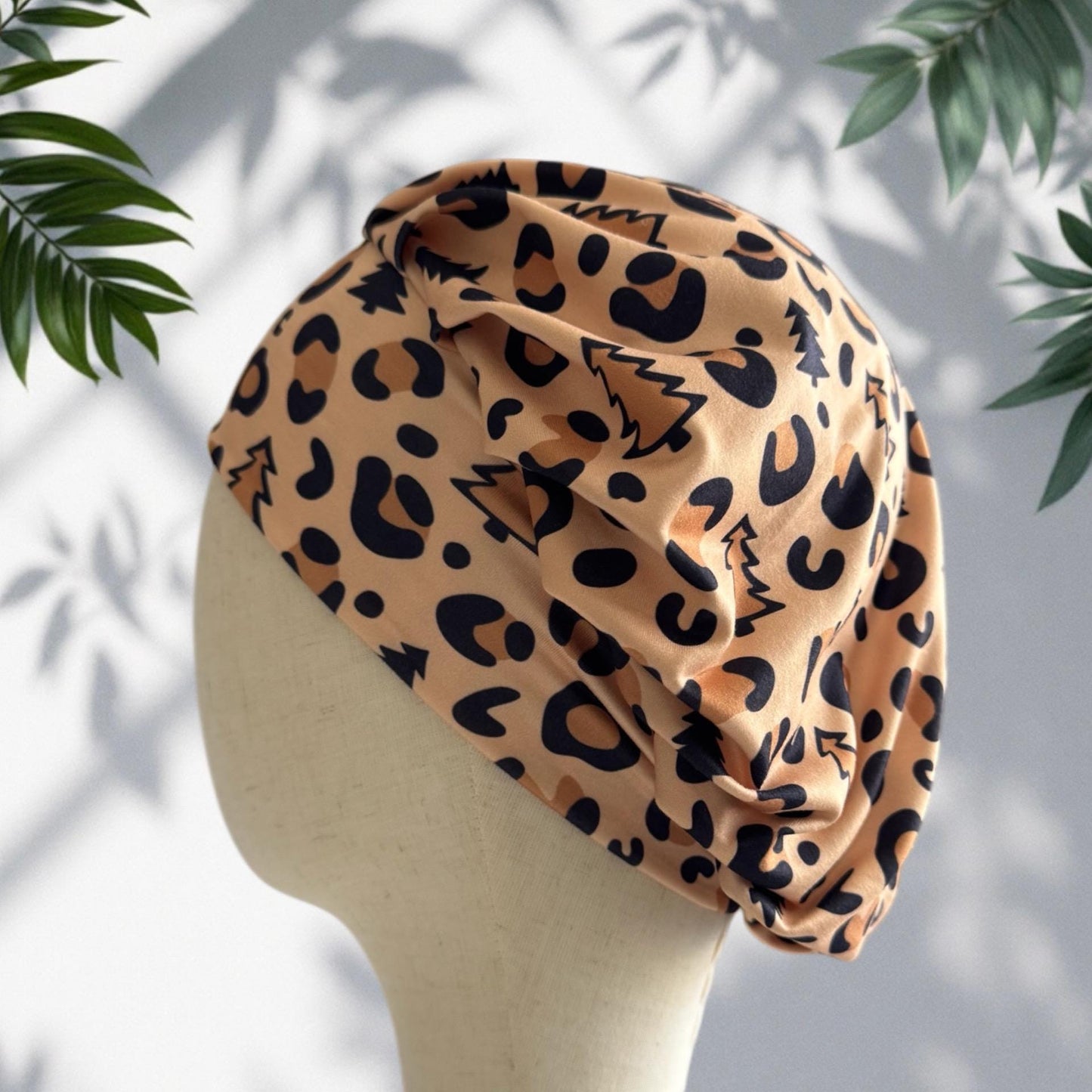 Leopard Christmas Bouffant Scrub Cap – Tan Animal Print with Christmas Trees | Festive Surgical Hat | Handmade by CreatedByMishka