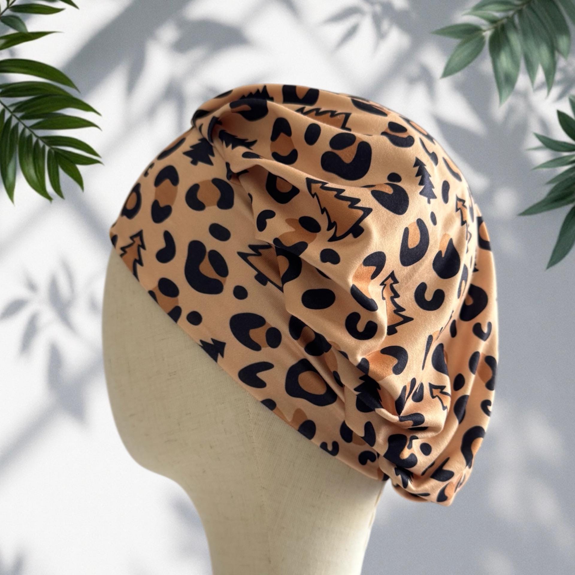 Leopard Christmas Bouffant Scrub Cap – Tan Animal Print with Christmas Trees | Festive Surgical Hat | Handmade by CreatedByMishka