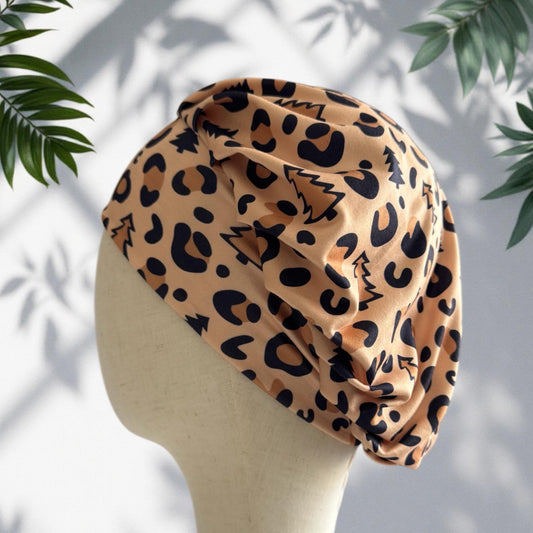 Leopard Christmas Bouffant Scrub Cap – Tan Animal Print with Christmas Trees | Festive Surgical Hat | Handmade by CreatedByMishka