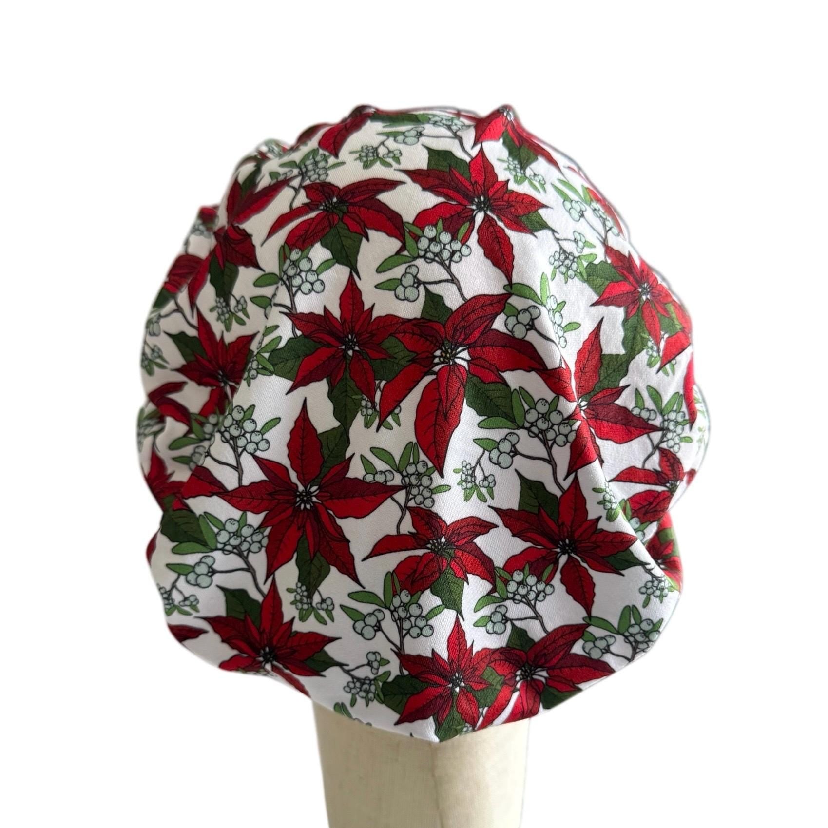 Poinsettia Christmas Bouffant Scrub Cap – Red and Green Floral Holiday Print | Festive Surgical Hat | Handmade by CreatedByMishka