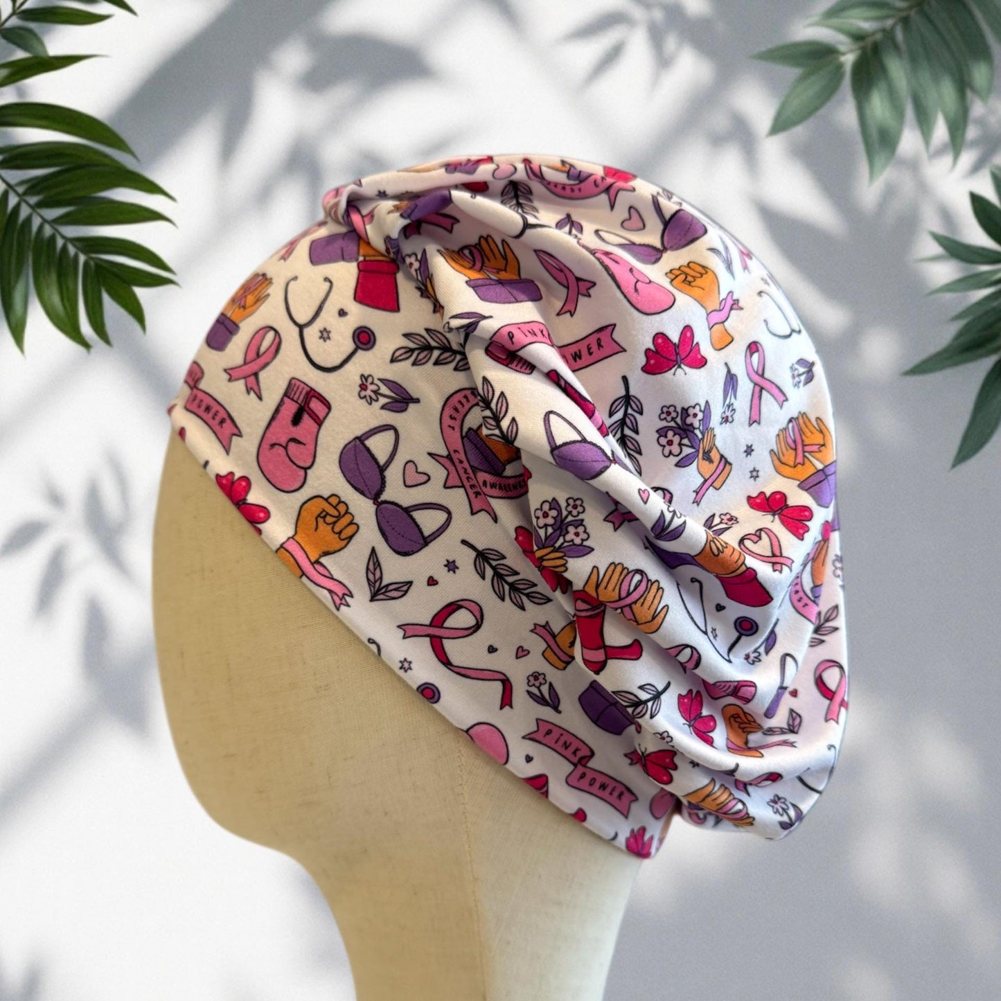 Pink Ribbon Scrub Cap Headband Style | Breast Cancer Awareness Bouffant Hat | Butter Soft Surgical Cap | Nurse Gift | Pink Power Cap