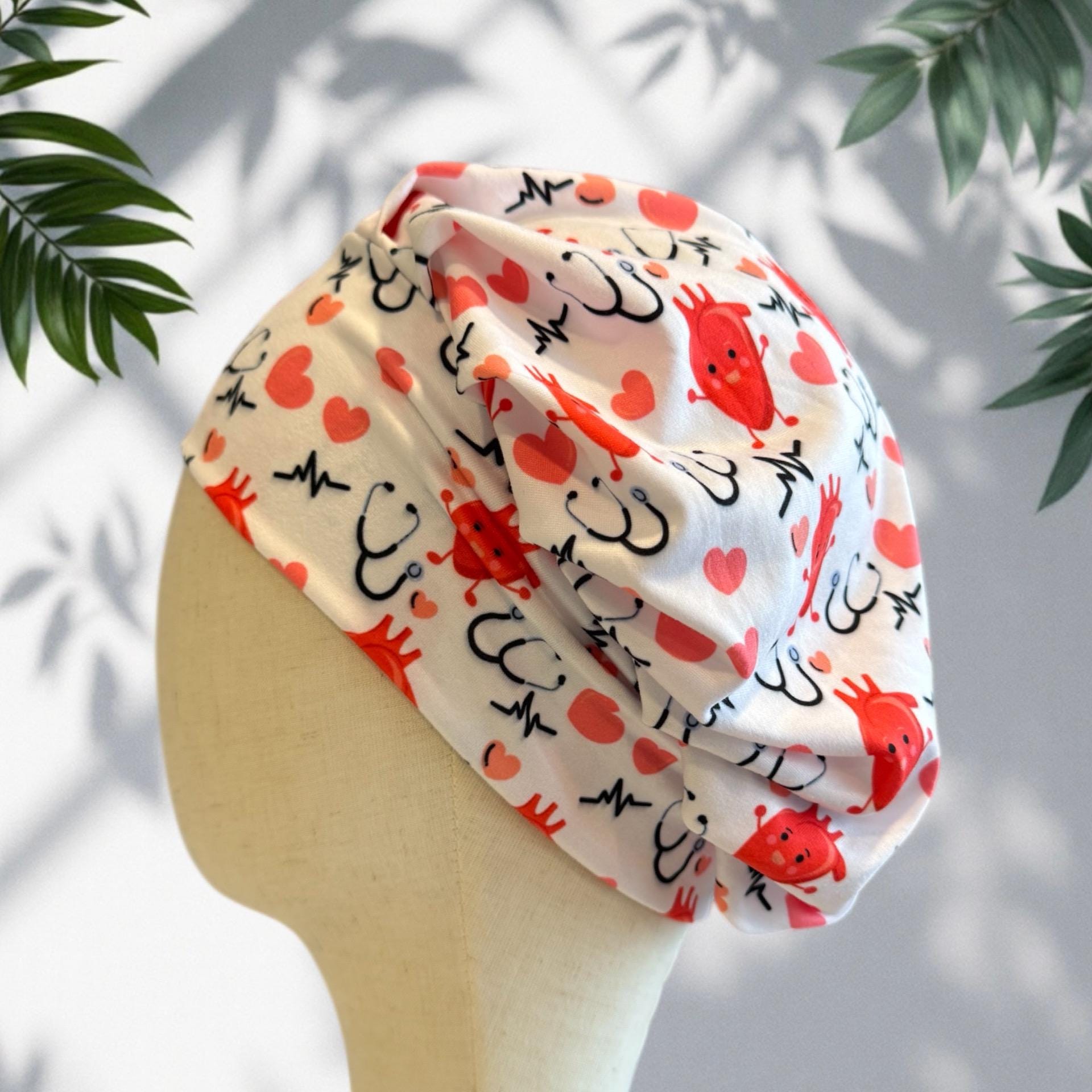Cardiac Scrub Cap | Heart & Stethoscope Scrub Cap Headband Style | Bouffant Surgical Hat | Butter Soft Fabric | Cardiology Scrub Cap