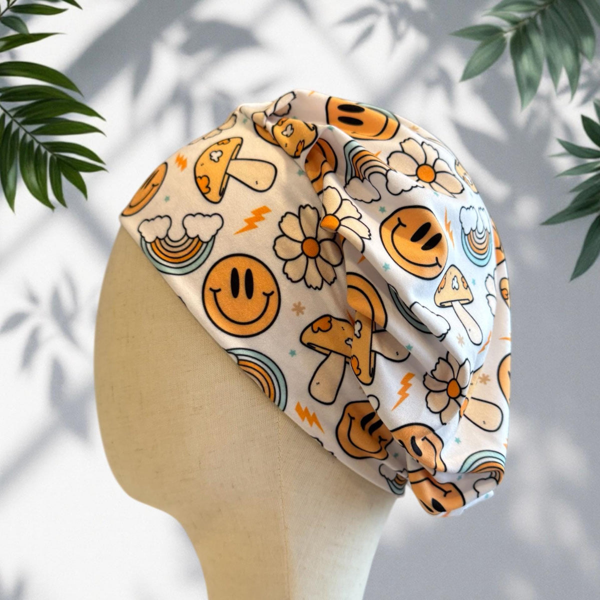 Retro Smiley Scrub Cap Headband Style | Bouffant Surgical Hat | Butter Soft Fabric | Happy Face Mushroom Rainbow Print | Nurse Gift