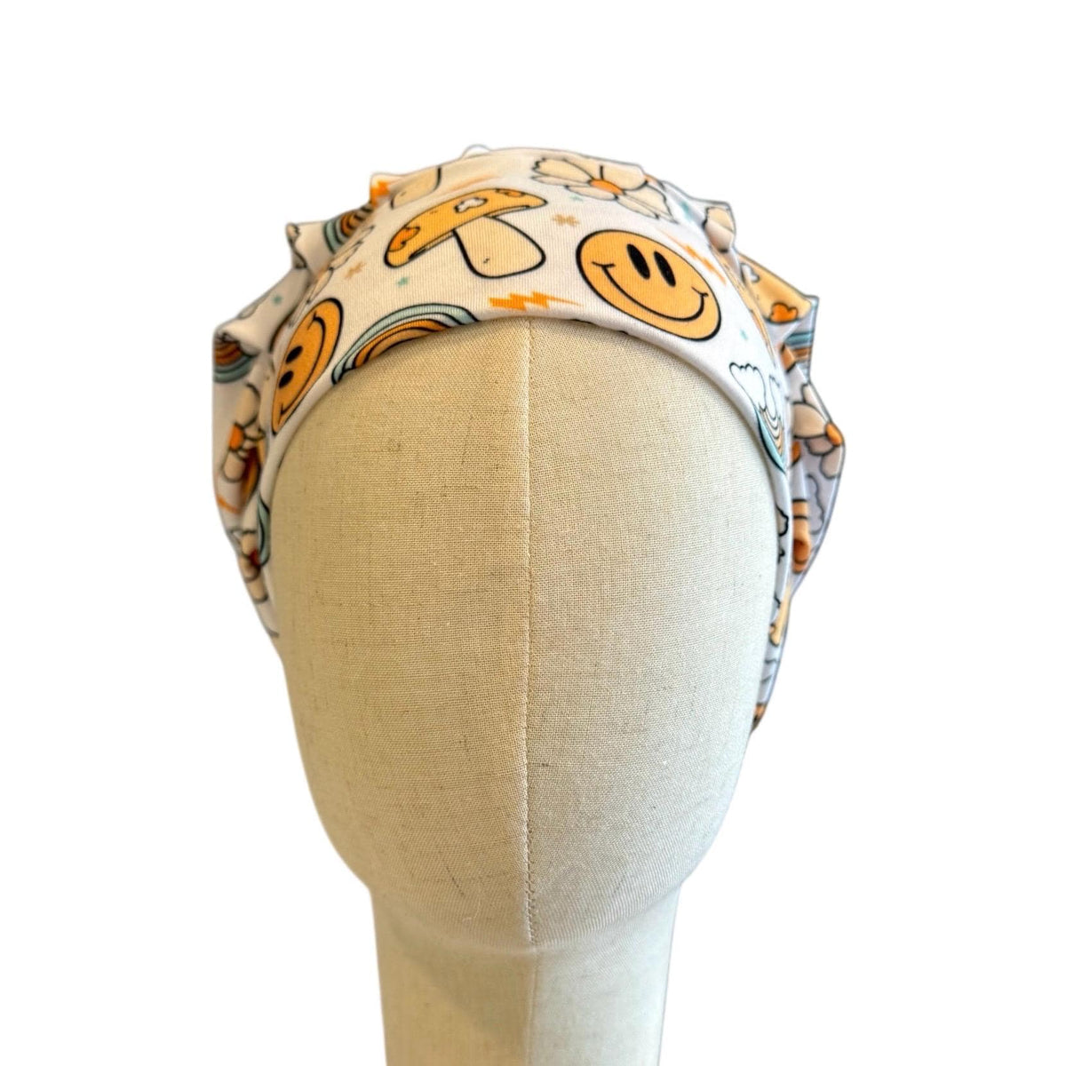 Retro Smiley Scrub Cap Headband Style | Bouffant Surgical Hat | Butter Soft Fabric | Happy Face Mushroom Rainbow Print | Nurse Gift