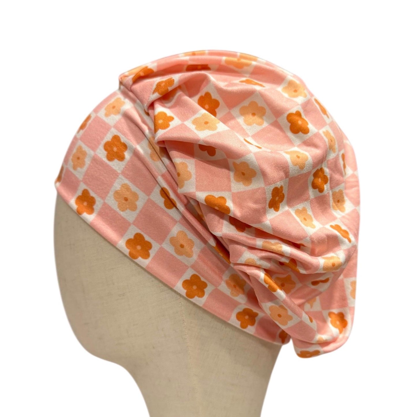 Peach Floral Checkered Headband Bouffant Scrub Cap | Stretchy Surgical Cap for Women | Cute Nurse Hat | Comfortable Hair Cover for Long Hair