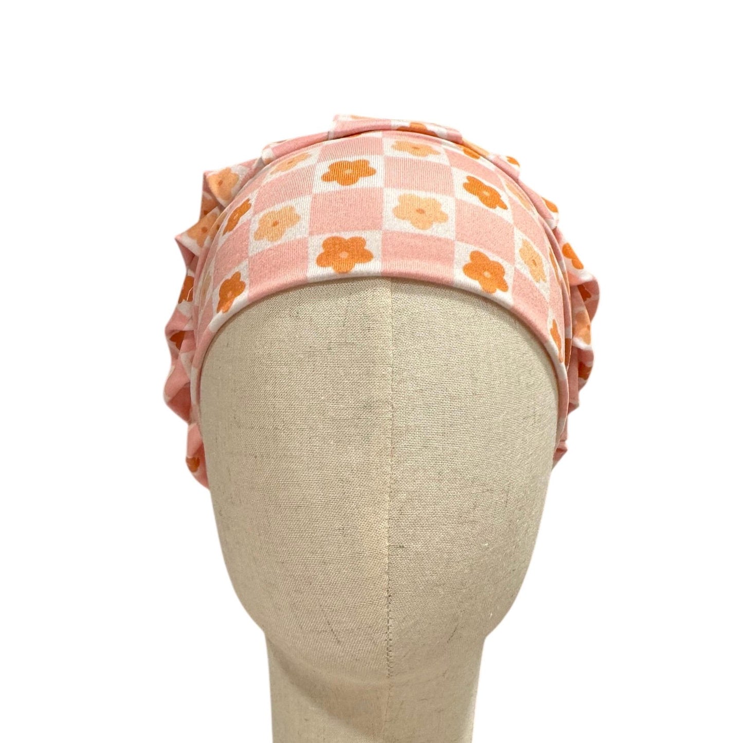 Peach Floral Checkered Headband Bouffant Scrub Cap | Stretchy Surgical Cap for Women | Cute Nurse Hat | Comfortable Hair Cover for Long Hair