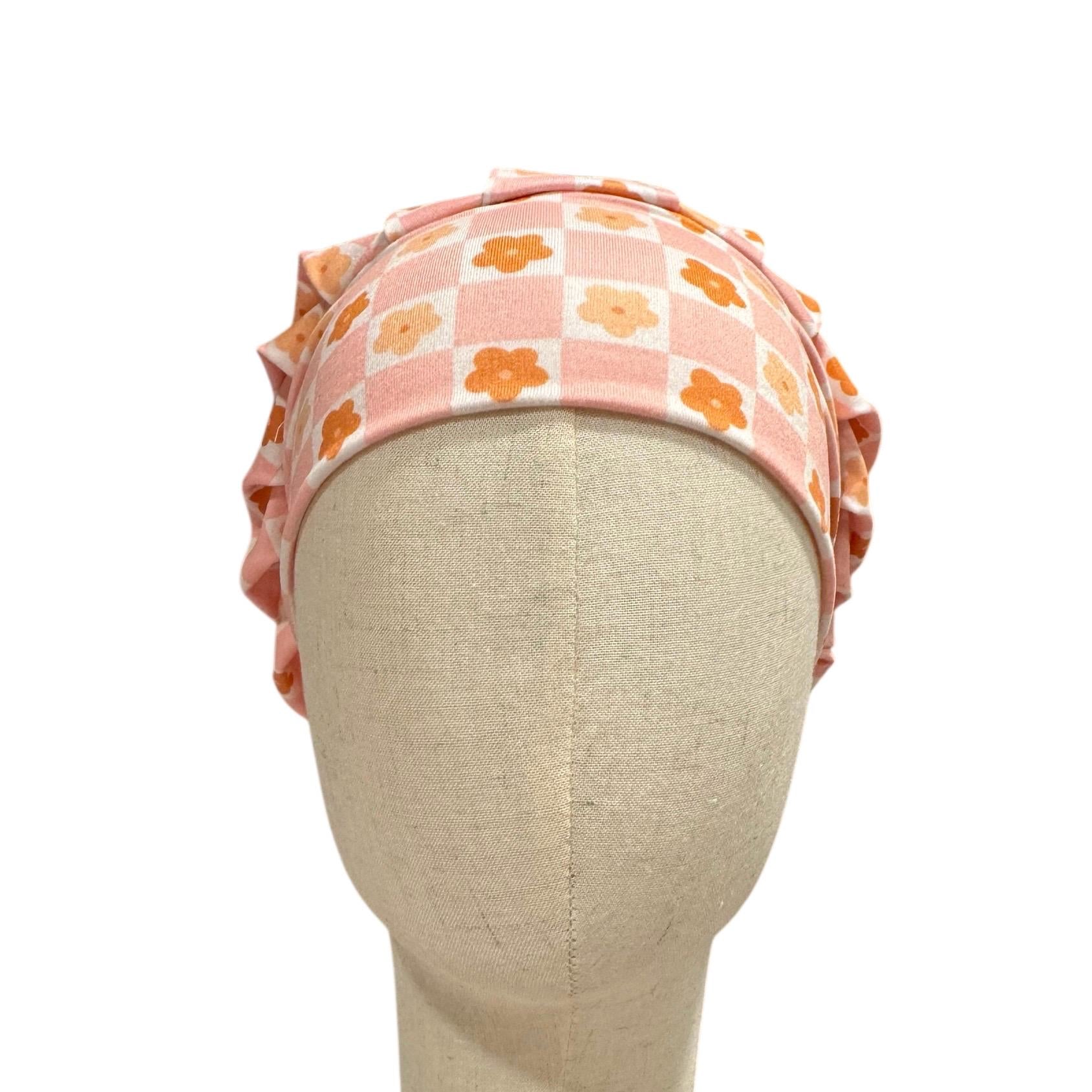 Peach Floral Checkered Headband Bouffant Scrub Cap | Stretchy Surgical Cap for Women | Cute Nurse Hat | Comfortable Hair Cover for Long Hair