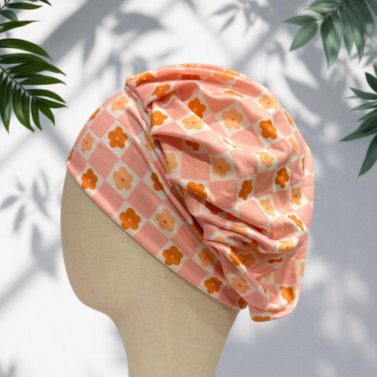 Peach Floral Checkered Headband Bouffant Scrub Cap | Stretchy Surgical Cap for Women | Cute Nurse Hat | Comfortable Hair Cover for Long Hair