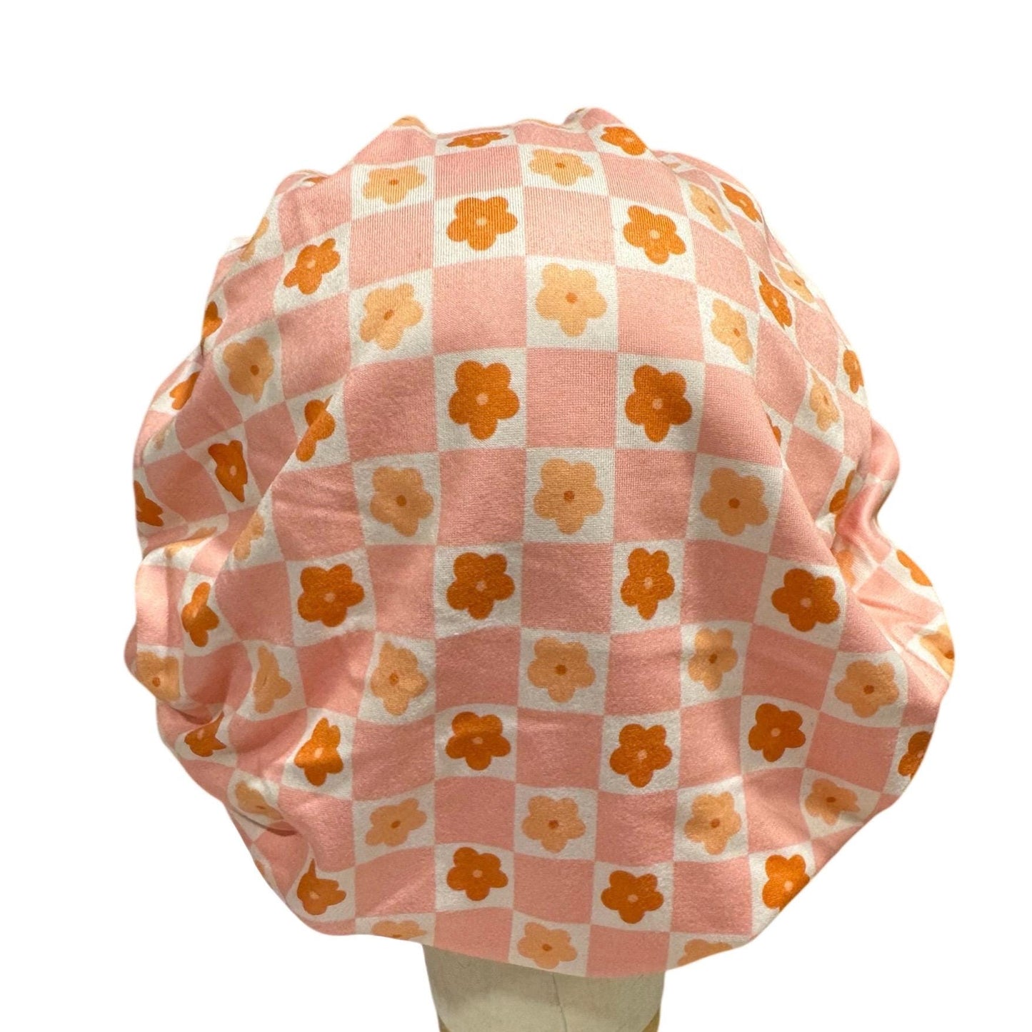 Peach Floral Checkered Headband Bouffant Scrub Cap | Stretchy Surgical Cap for Women | Cute Nurse Hat | Comfortable Hair Cover for Long Hair