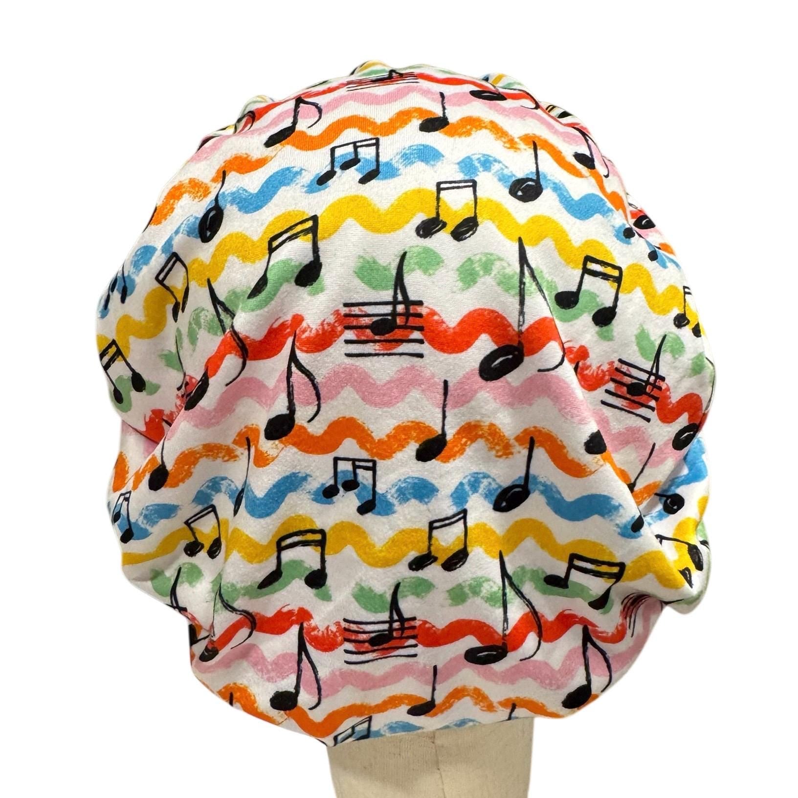 Music Notes Headband Bouffant Scrub Cap | Colorful Musical Surgical Cap for Women | Stretchy Nurse Hat | Fun Medical Hair Cover