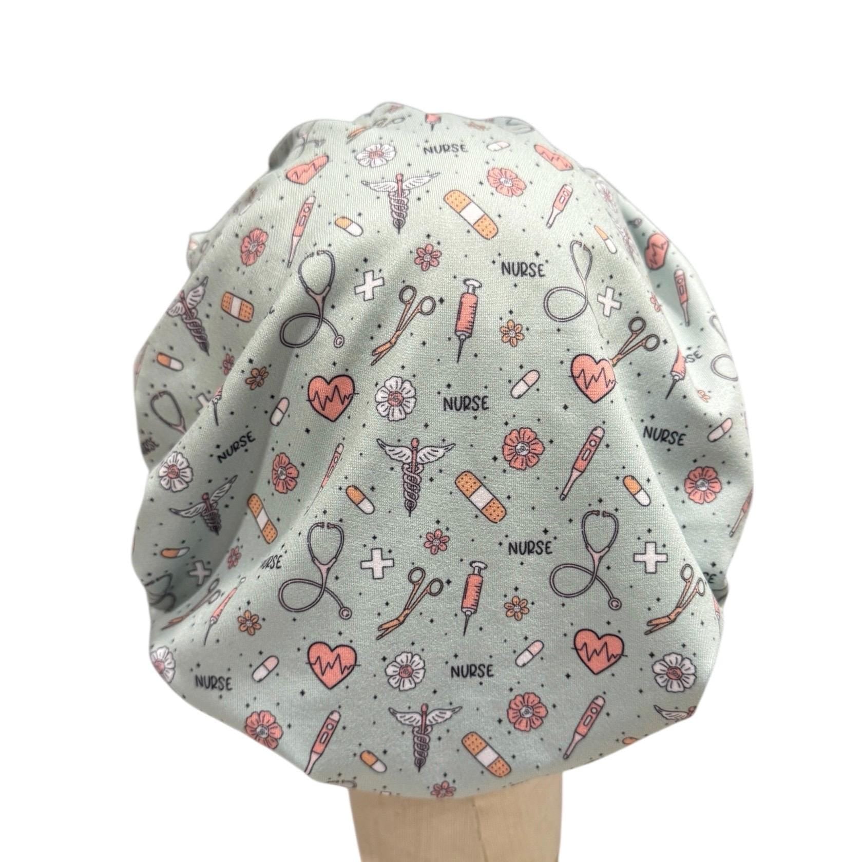 Nurse Themed Headband Bouffant Scrub Cap | Medical Print Surgical Cap for Women | Stretchy Nurse Hat | Cute Healthcare Hair Cover