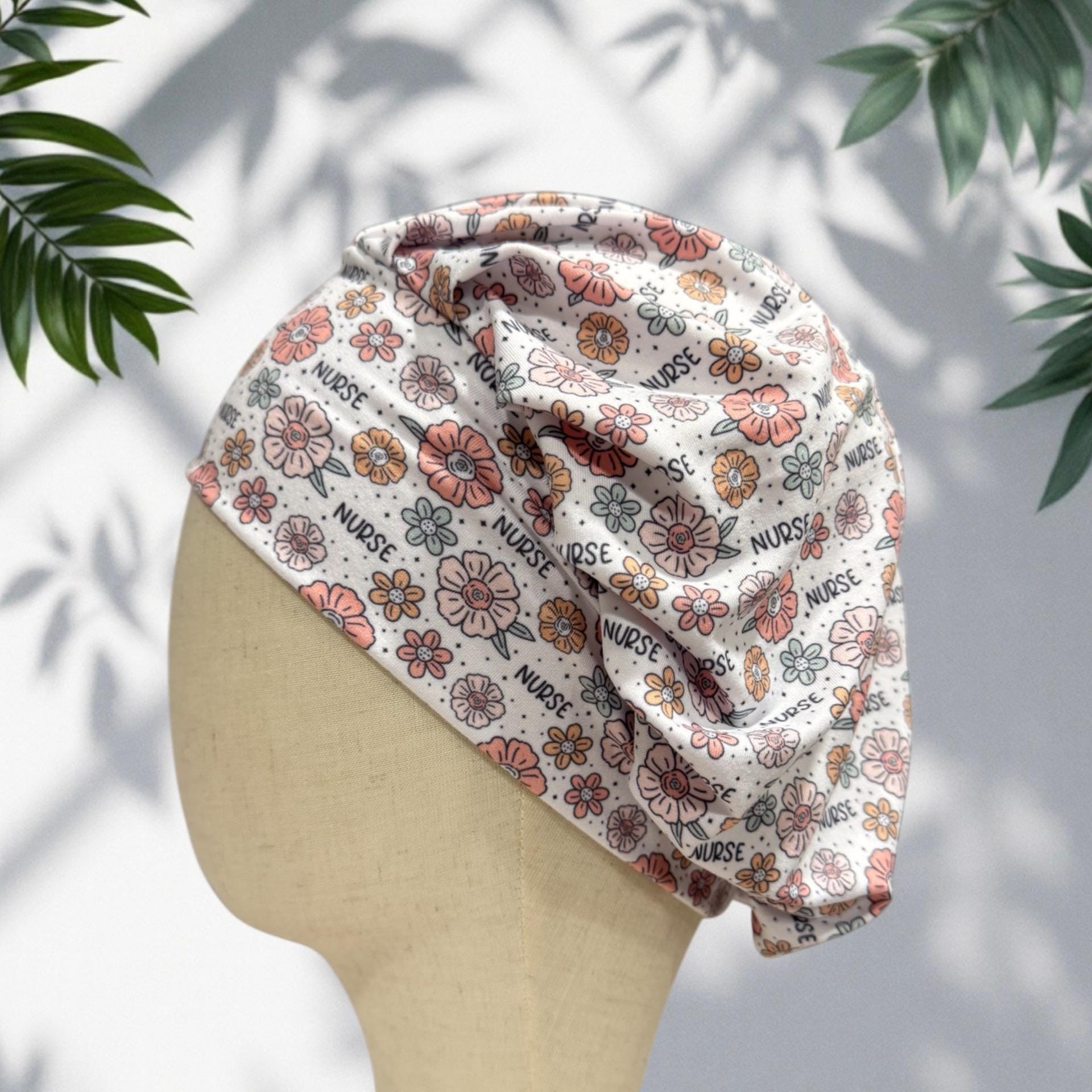 Floral Nurse Headband Bouffant Scrub Cap | Cute Flower Print Surgical Cap for Women | Stretchy Nurse Hat | Soft Medical Hair Cover