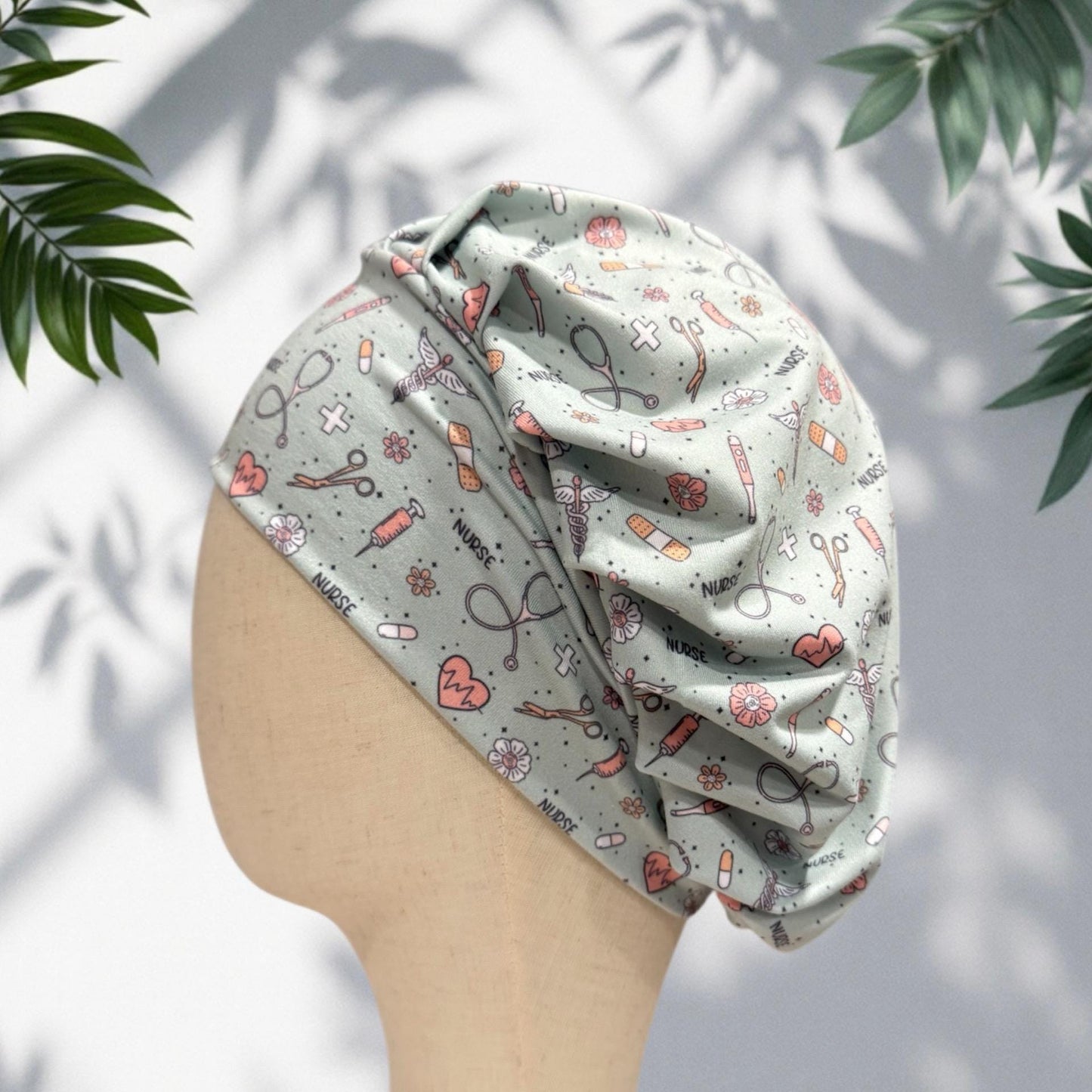 Nurse Themed Headband Bouffant Scrub Cap | Medical Print Surgical Cap for Women | Stretchy Nurse Hat | Cute Healthcare Hair Cover