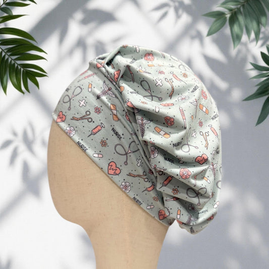 Nurse Themed Headband Bouffant Scrub Cap | Medical Print Surgical Cap for Women | Stretchy Nurse Hat | Cute Healthcare Hair Cover