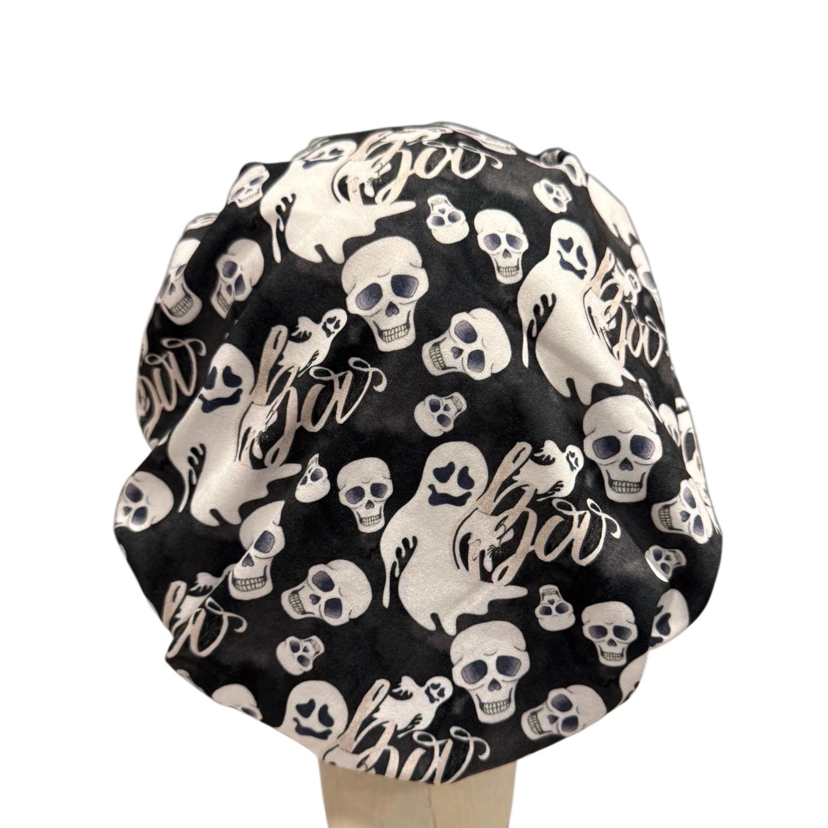 Halloween Headband Bouffant Scrub Cap | Skulls & Ghosts Surgical Cap | Spooky Nurse Hat | CreatedByMishka