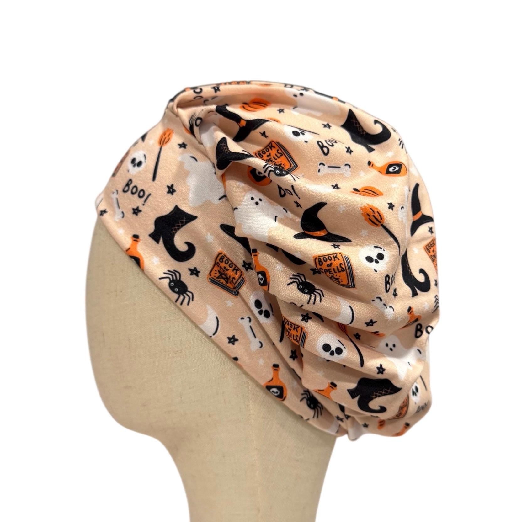 Witchy Halloween Headband Bouffant Scrub Cap | Peach Ghost & Spell Book Print | Stretchy Surgical Cap