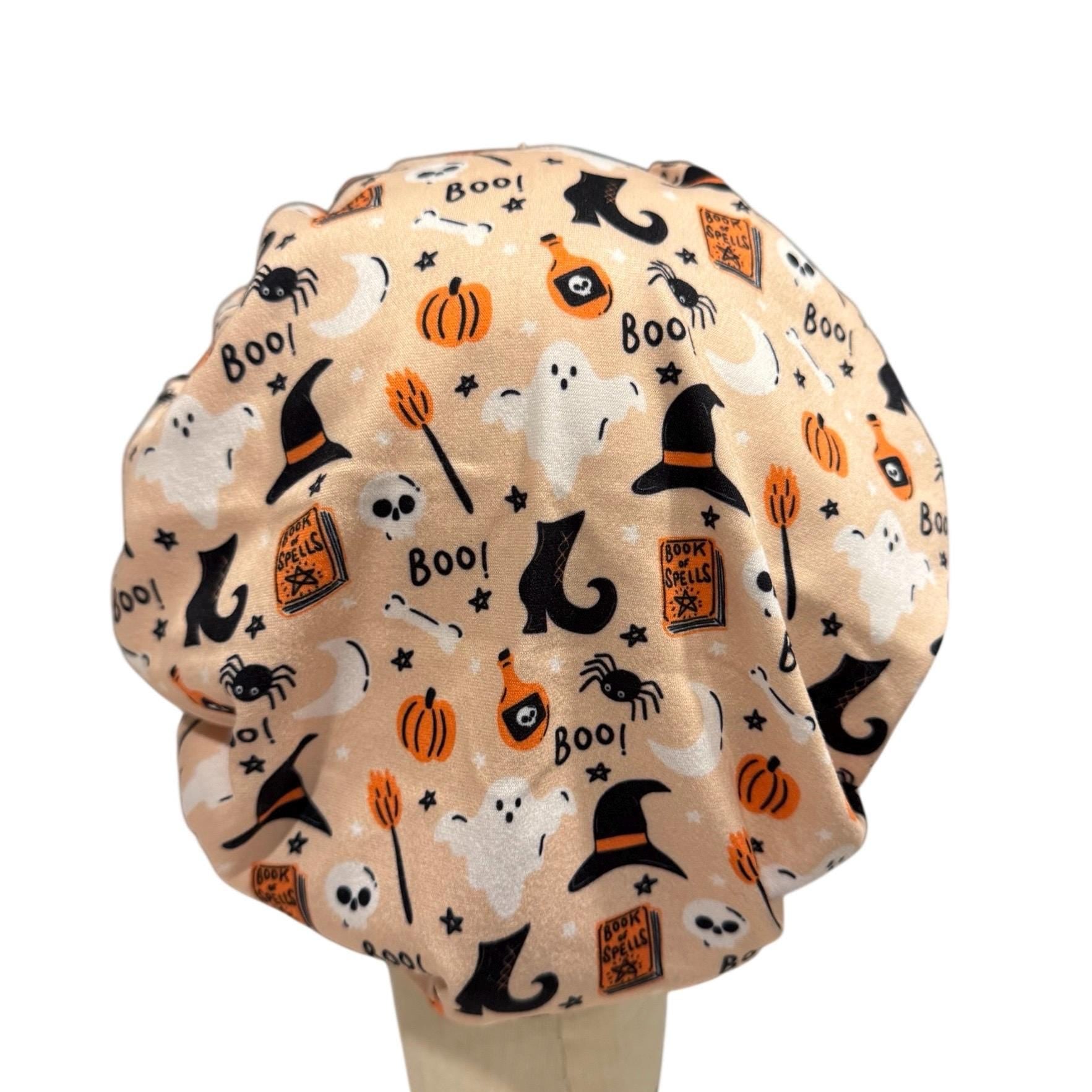 Witchy Halloween Headband Bouffant Scrub Cap | Peach Ghost & Spell Book Print | Stretchy Surgical Cap
