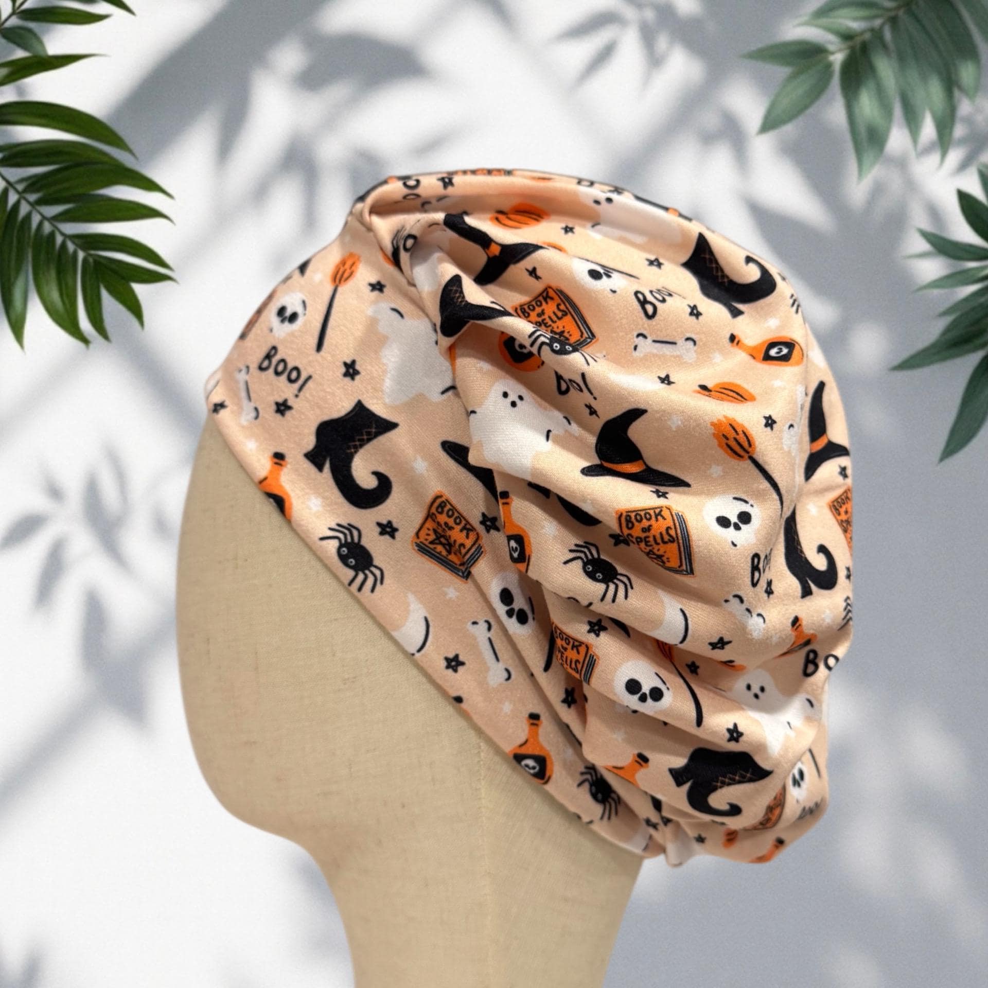 Witchy Halloween Headband Bouffant Scrub Cap | Peach Ghost & Spell Book Print | Stretchy Surgical Cap