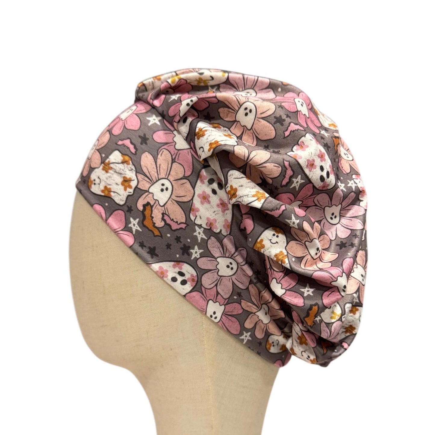 Pink Ghost Floral Headband Bouffant Scrub Cap | Soft Stretchy Halloween Medical Hat | Cute Spooky Floral Nurse Cap | Ghost Bat Print