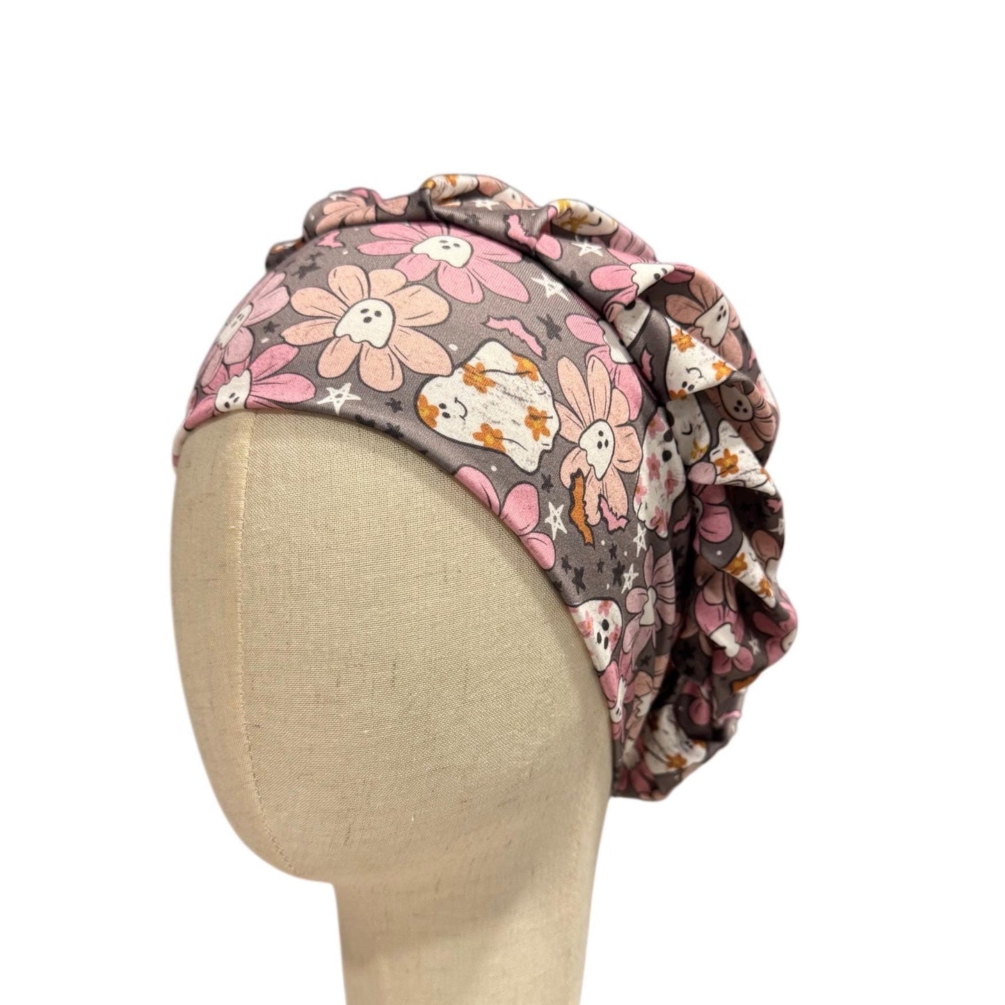 Pink Ghost Floral Headband Bouffant Scrub Cap | Soft Stretchy Halloween Medical Hat | Cute Spooky Floral Nurse Cap | Ghost Bat Print