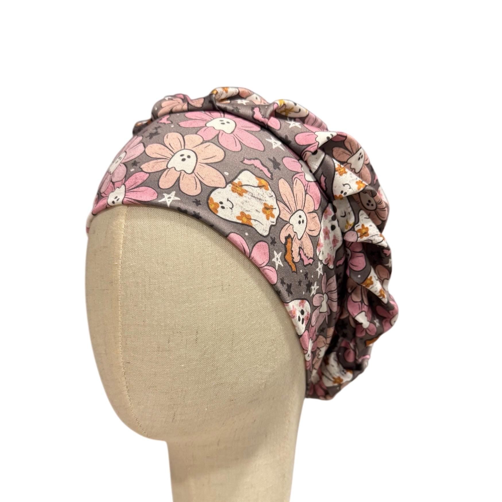 Pink Ghost Floral Headband Bouffant Scrub Cap | Soft Stretchy Halloween Medical Hat | Cute Spooky Floral Nurse Cap | Ghost Bat Print