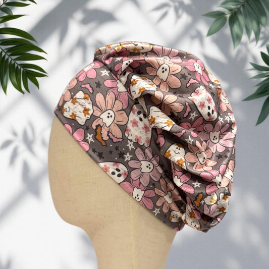 Pink Ghost Floral Headband Bouffant Scrub Cap | Soft Stretchy Halloween Medical Hat | Cute Spooky Floral Nurse Cap | Ghost Bat Print