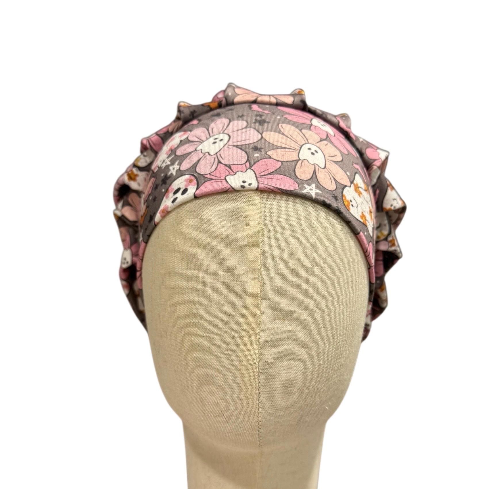 Pink Ghost Floral Headband Bouffant Scrub Cap | Soft Stretchy Halloween Medical Hat | Cute Spooky Floral Nurse Cap | Ghost Bat Print