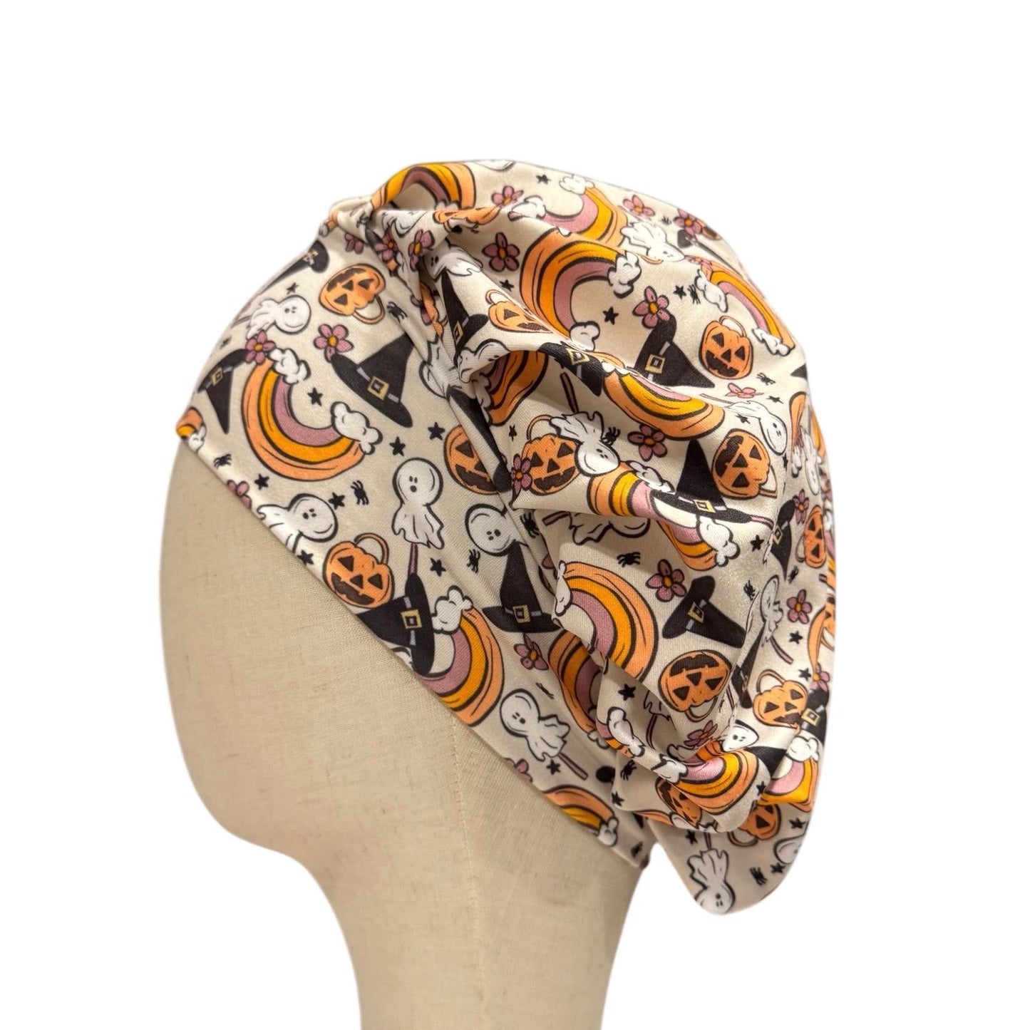 Halloween Ghost Pumpkin Headband Bouffant Scrub Cap | Stretchy Soft Surgical Hat | Witch Hat Rainbow Print | Nurse Doctor Medical Cap