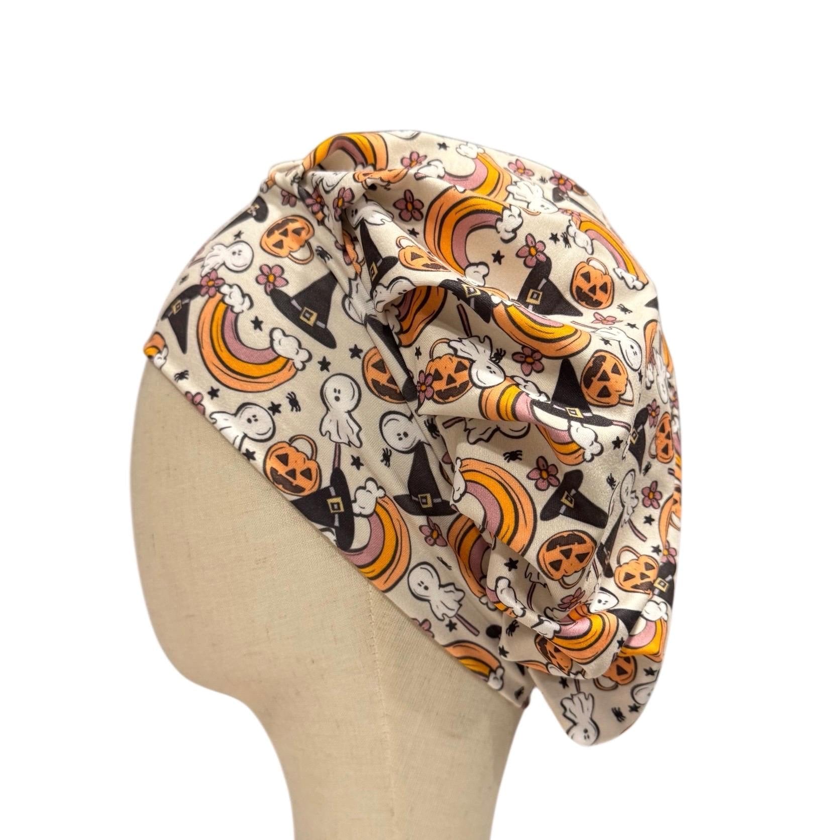 Halloween Ghost Pumpkin Headband Bouffant Scrub Cap | Stretchy Soft Surgical Hat | Witch Hat Rainbow Print | Nurse Doctor Medical Cap