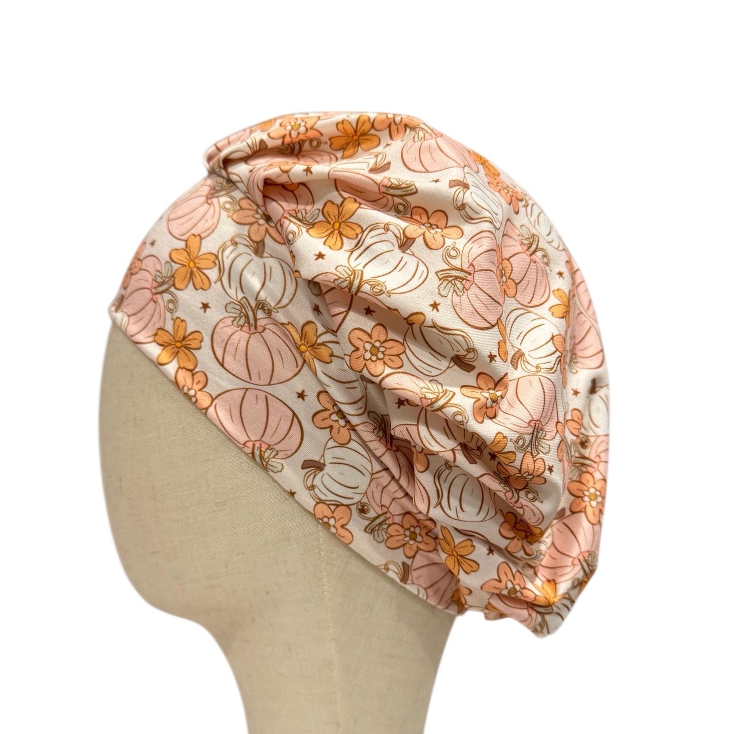 Fall Pumpkin Floral Headband Bouffant Scrub Cap | Soft Stretchy Autumn Scrub Hat | Peach Pumpkin Medical Cap | Nurse Doctor Surgical Cap