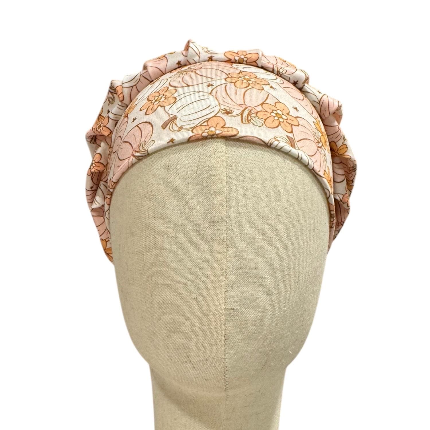 Fall Pumpkin Floral Headband Bouffant Scrub Cap | Soft Stretchy Autumn Scrub Hat | Peach Pumpkin Medical Cap | Nurse Doctor Surgical Cap